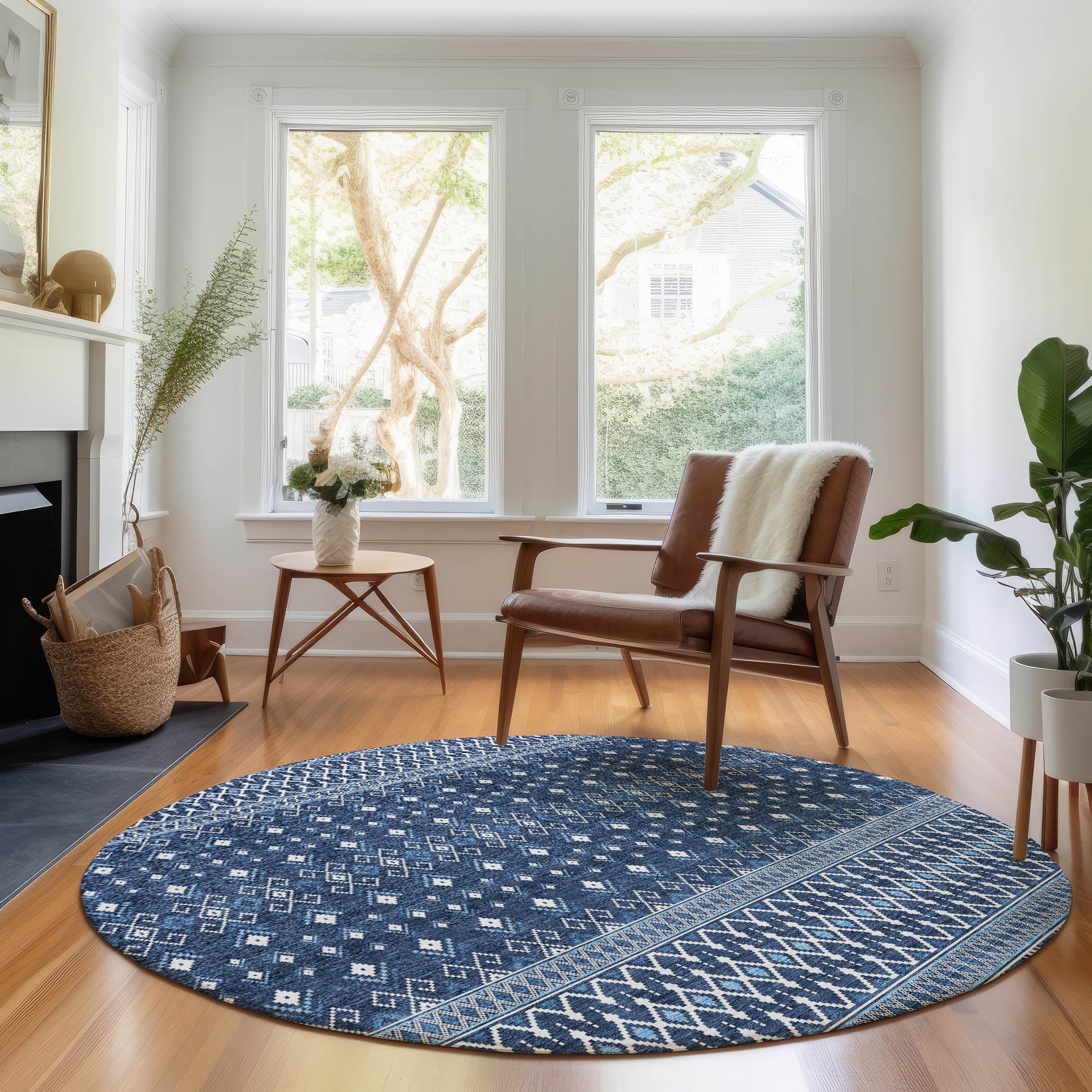 Split Machine Washable Transitional Navy Blue Rug 8' x 8' #shape_Round