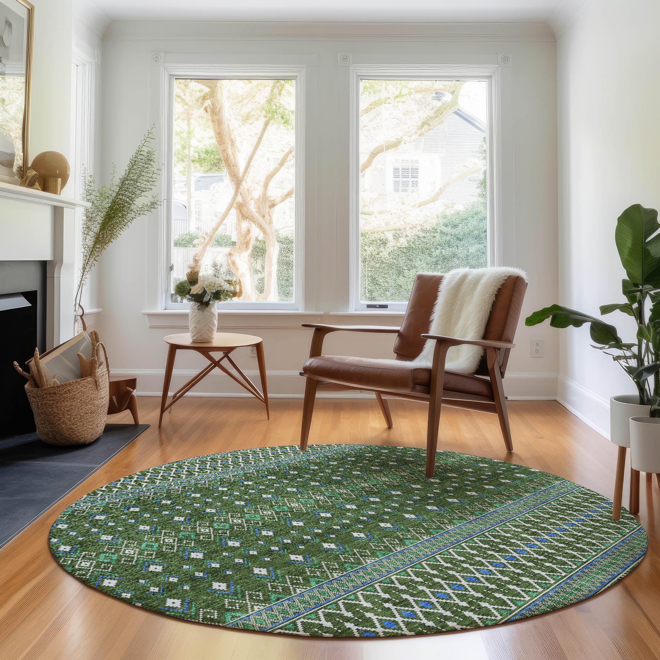 Split Machine Washable Transitional Olive Green Rug 8' x 8' #shape_Round