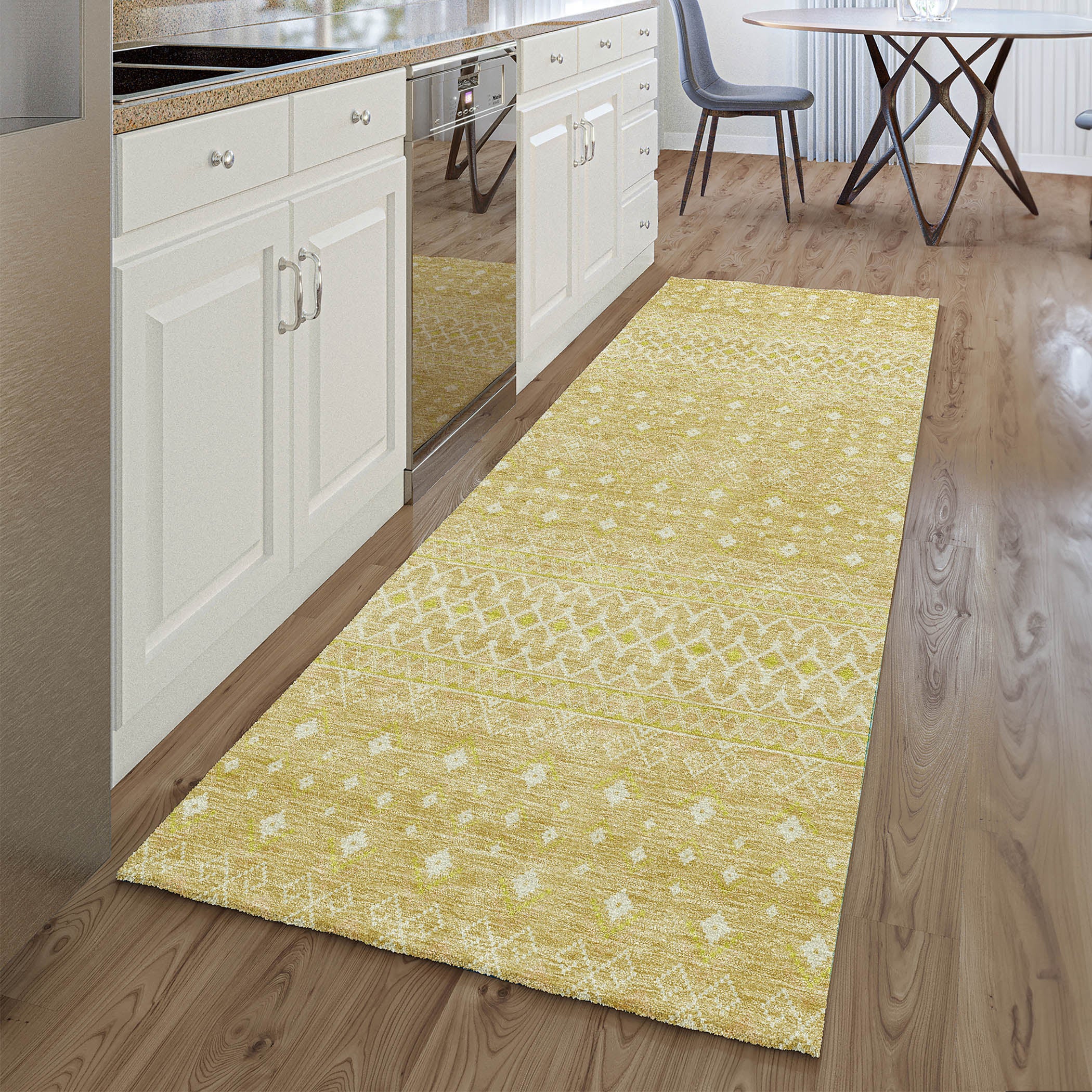 Oaxaca Machine Washable Transitional Gold Rug 2'3" x 7'6" #shape_Runner