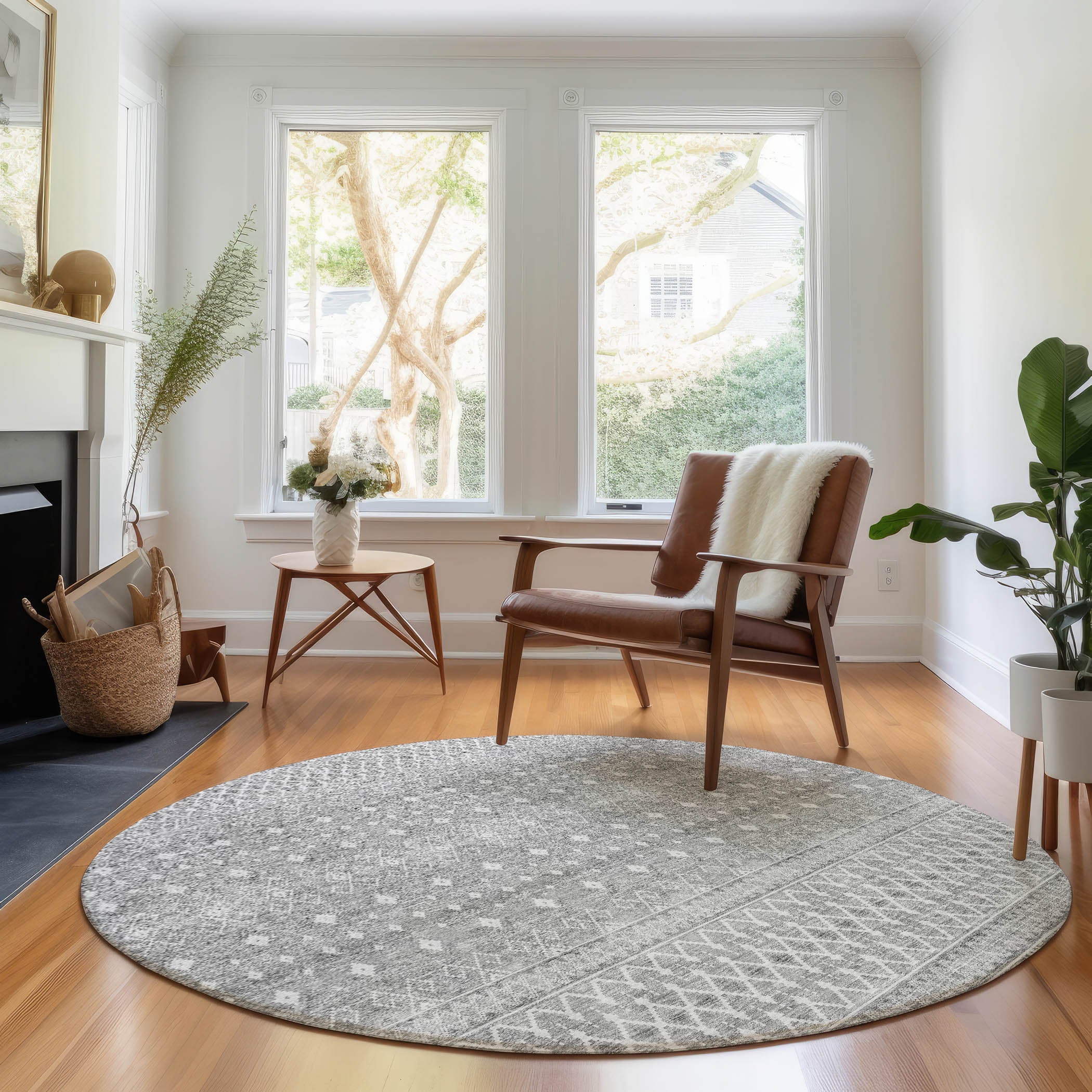 Oaxaca Machine Washable Transitional Silver Gray Rug 8' x 8' #shape_Round