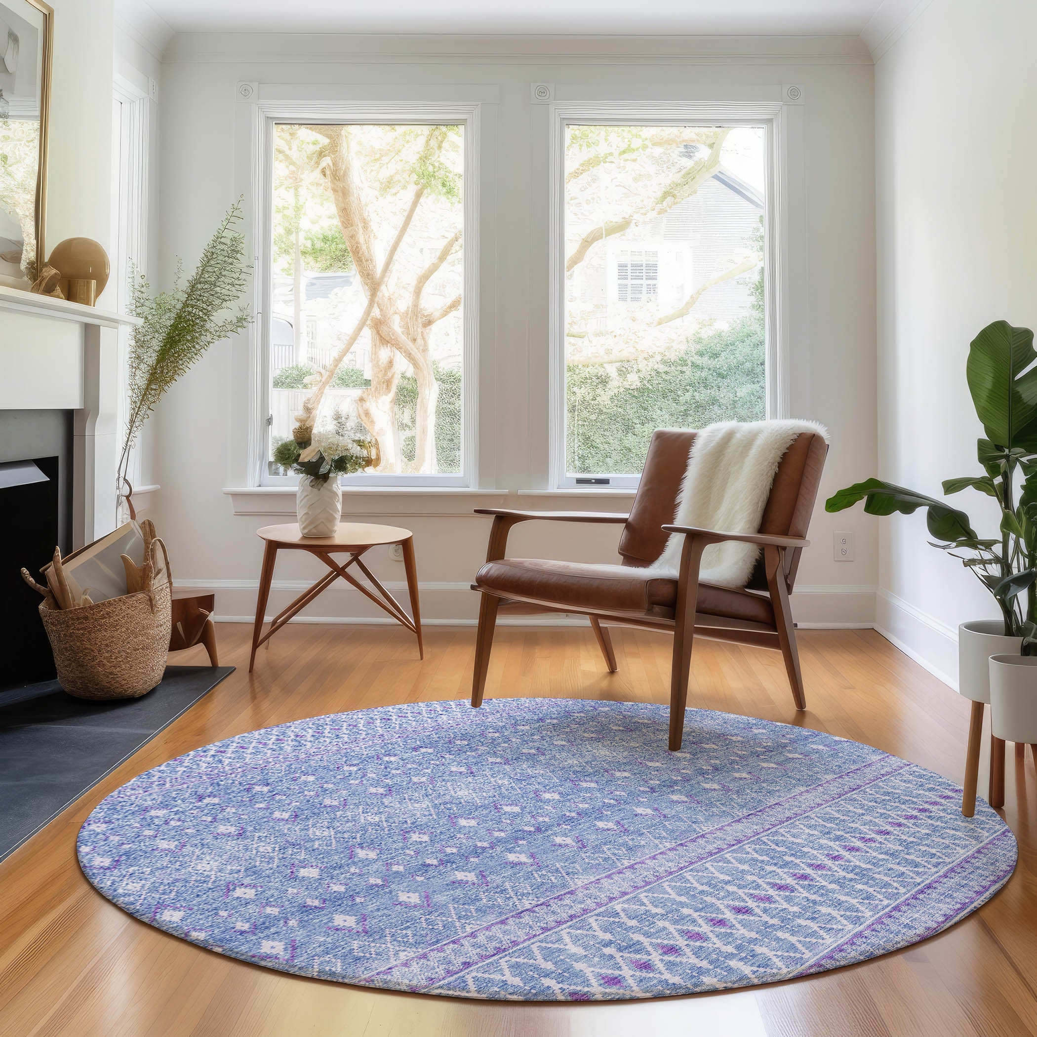Oaxaca Machine Washable Transitional Sky Blue Rug 8' x 8' #shape_Round
