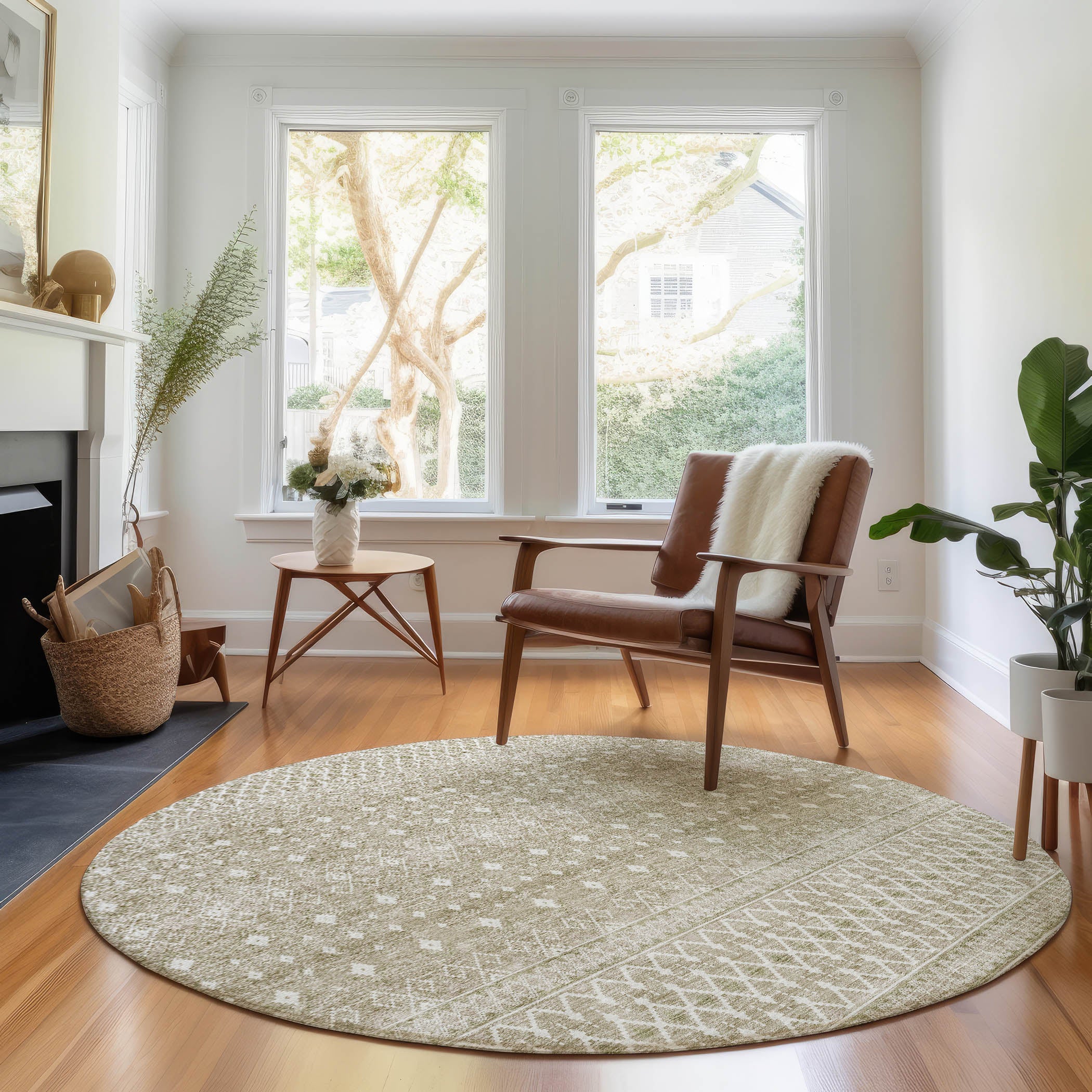 Oaxaca Machine Washable Transitional Taupe Brown Rug 8' x 8' #shape_Round