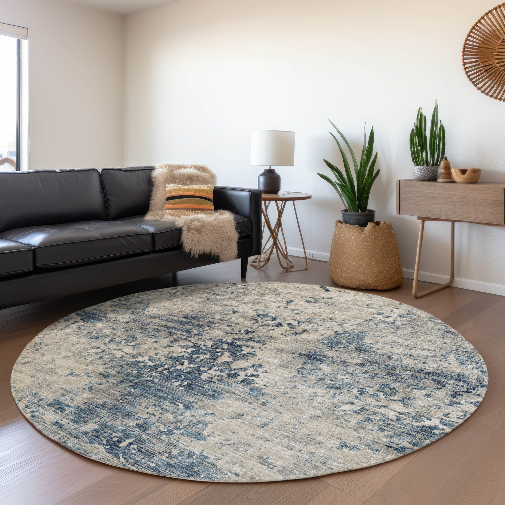 Mdina Machine Washable Transitional Blue Navy Rug 8' x 8' #shape_Round