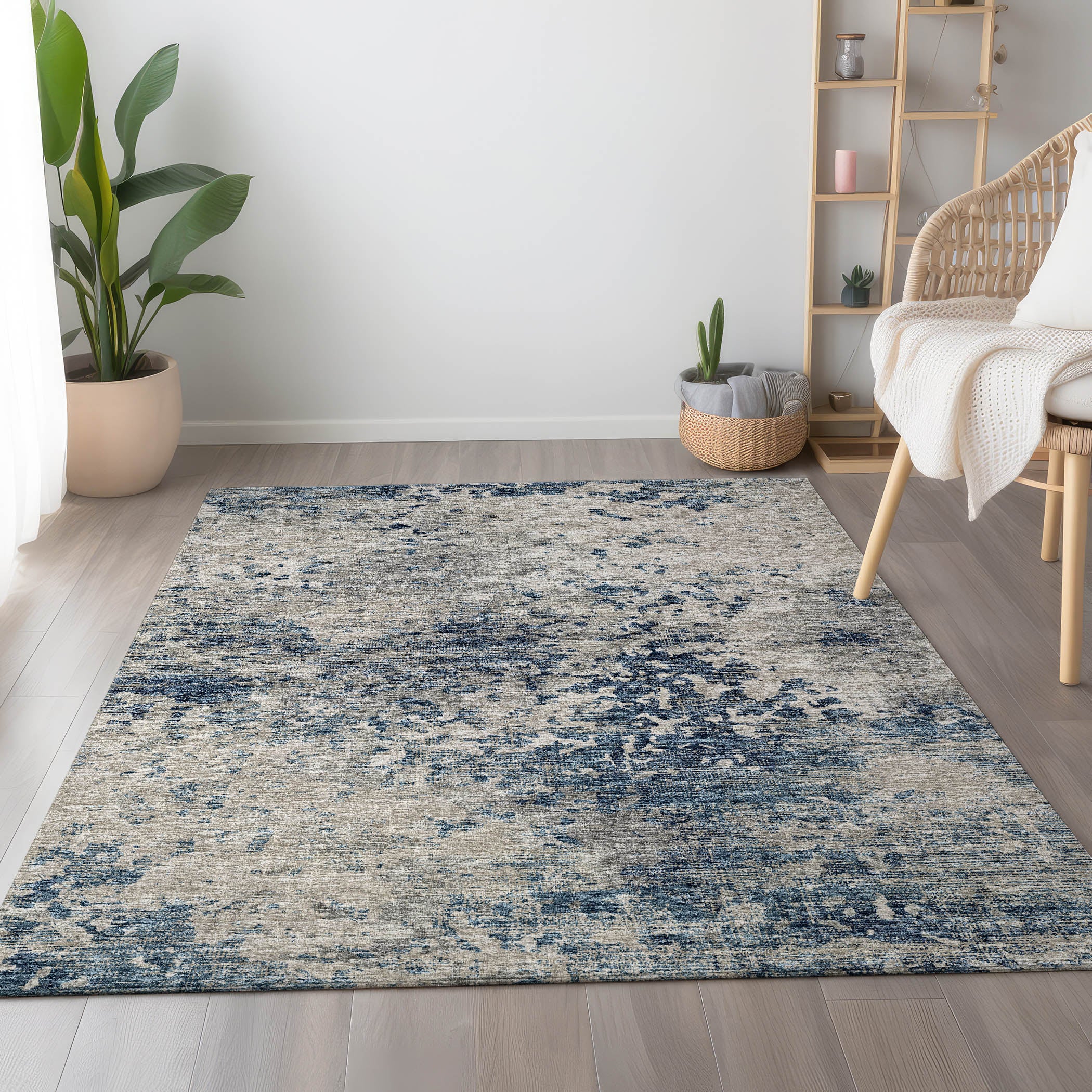 Mdina Machine Washable Transitional Blue Navy Rug 2'6" x 3'10" #shape_Rectangle