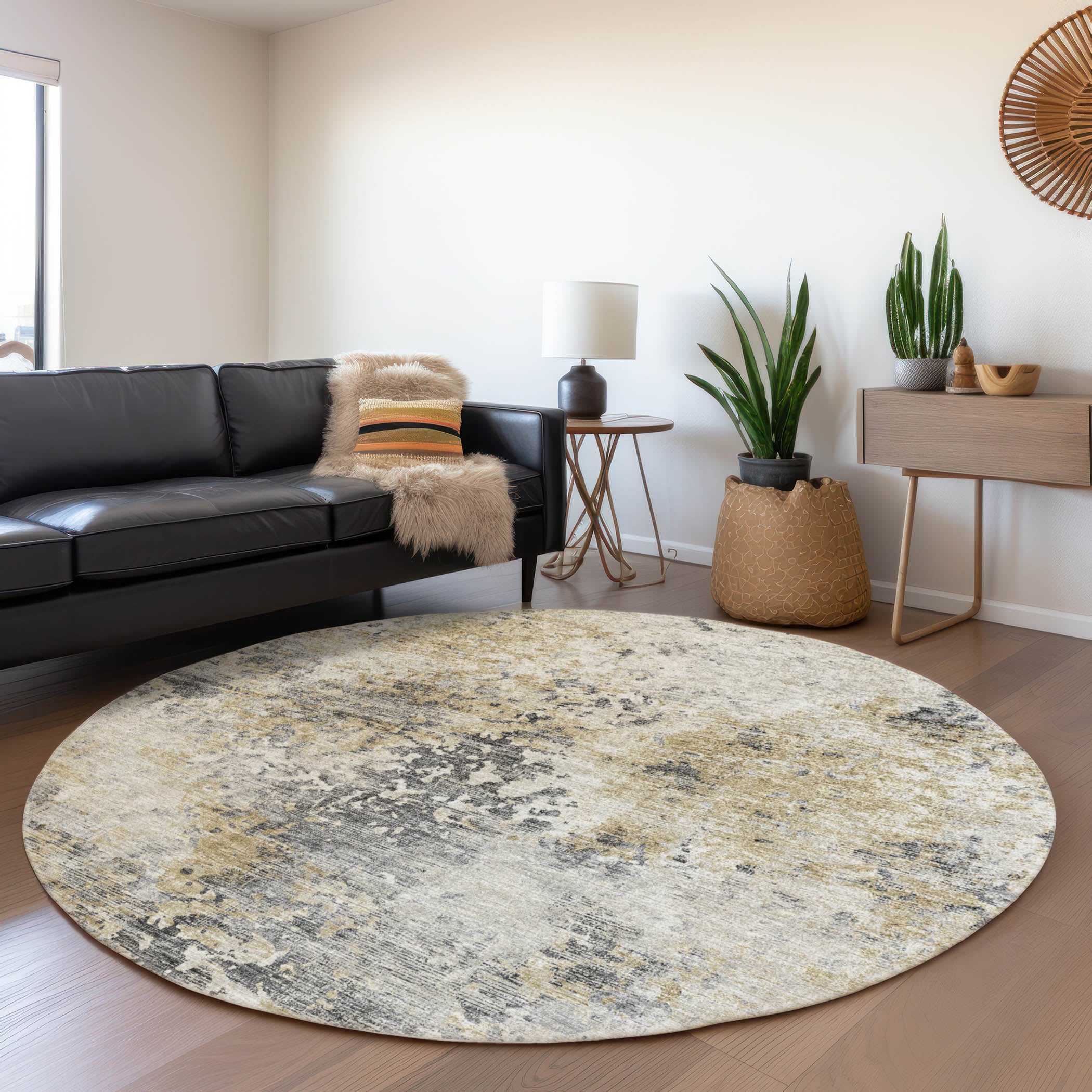 Mdina Machine Washable Transitional Moody Beige Rug 8' x 8' #shape_Round
