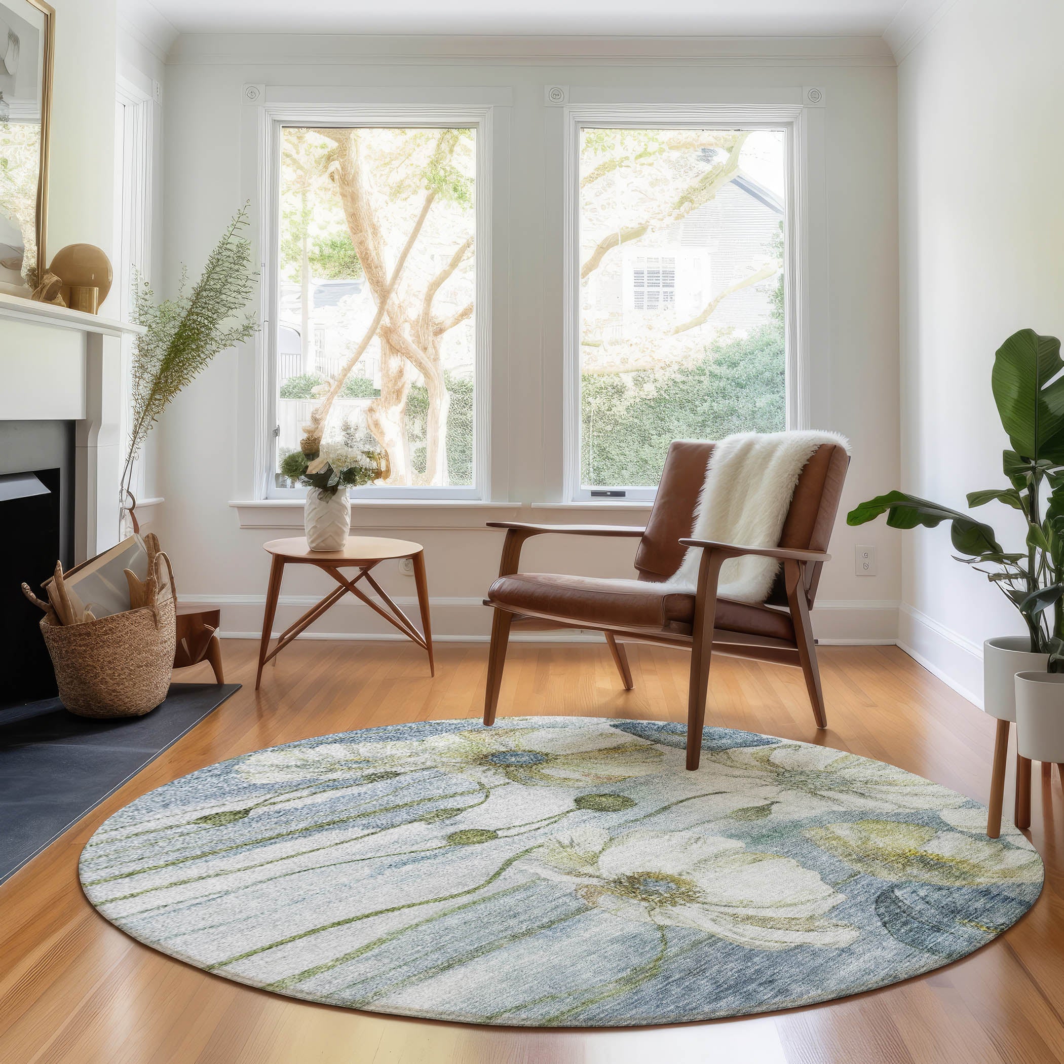 Split Machine Washable Transitional Blue Rug 8' x 8' #shape_Round