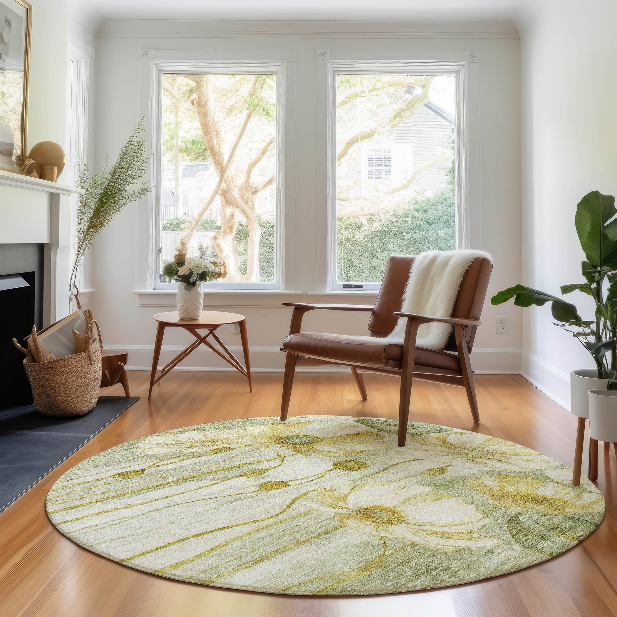 Split Machine Washable Transitional Sage Green Rug 8' x 8' #shape_Round