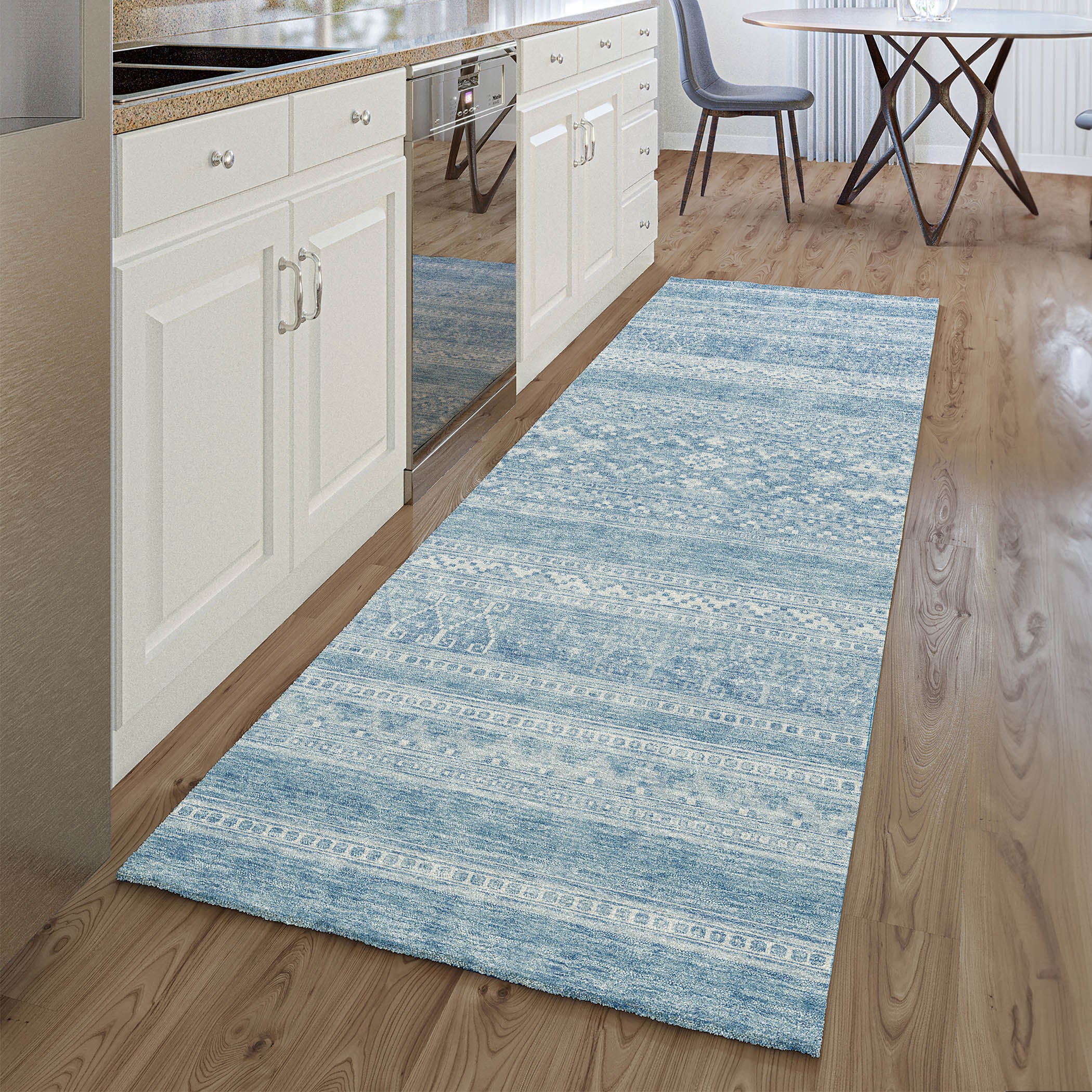 Cartagena Machine Washable Transitional Sky Blue Rug 2'3" x 7'6" #shape_Runner