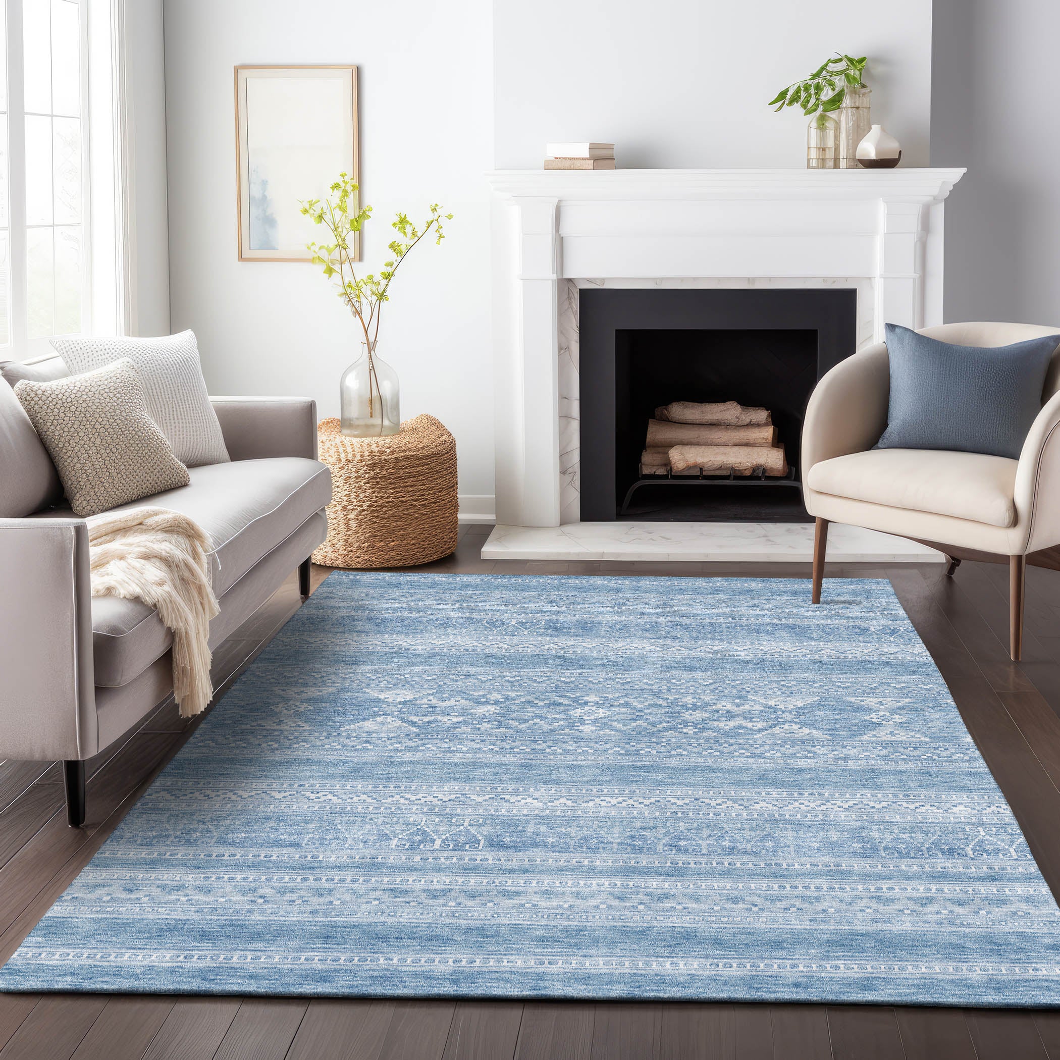 Cartagena Machine Washable Transitional Sky Blue Rug 2'6" x 3'10" #shape_Rectangle