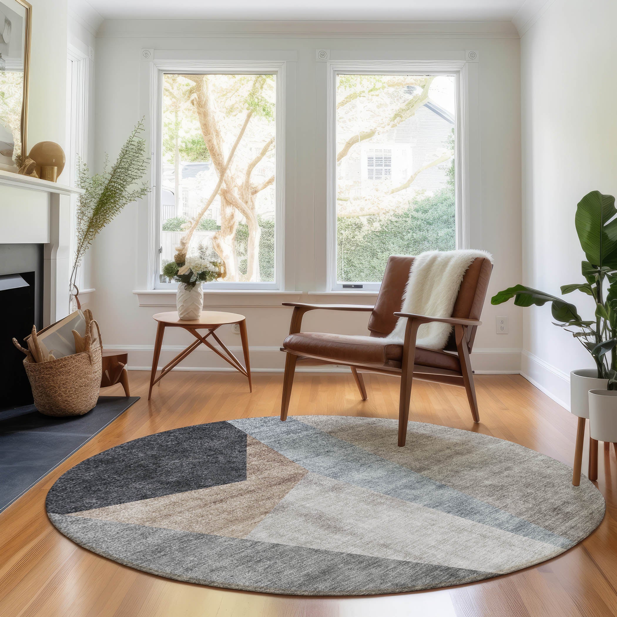 Sarajevo Machine Washable Transitional Taupe Brown Rug 8' x 8' #shape_Round