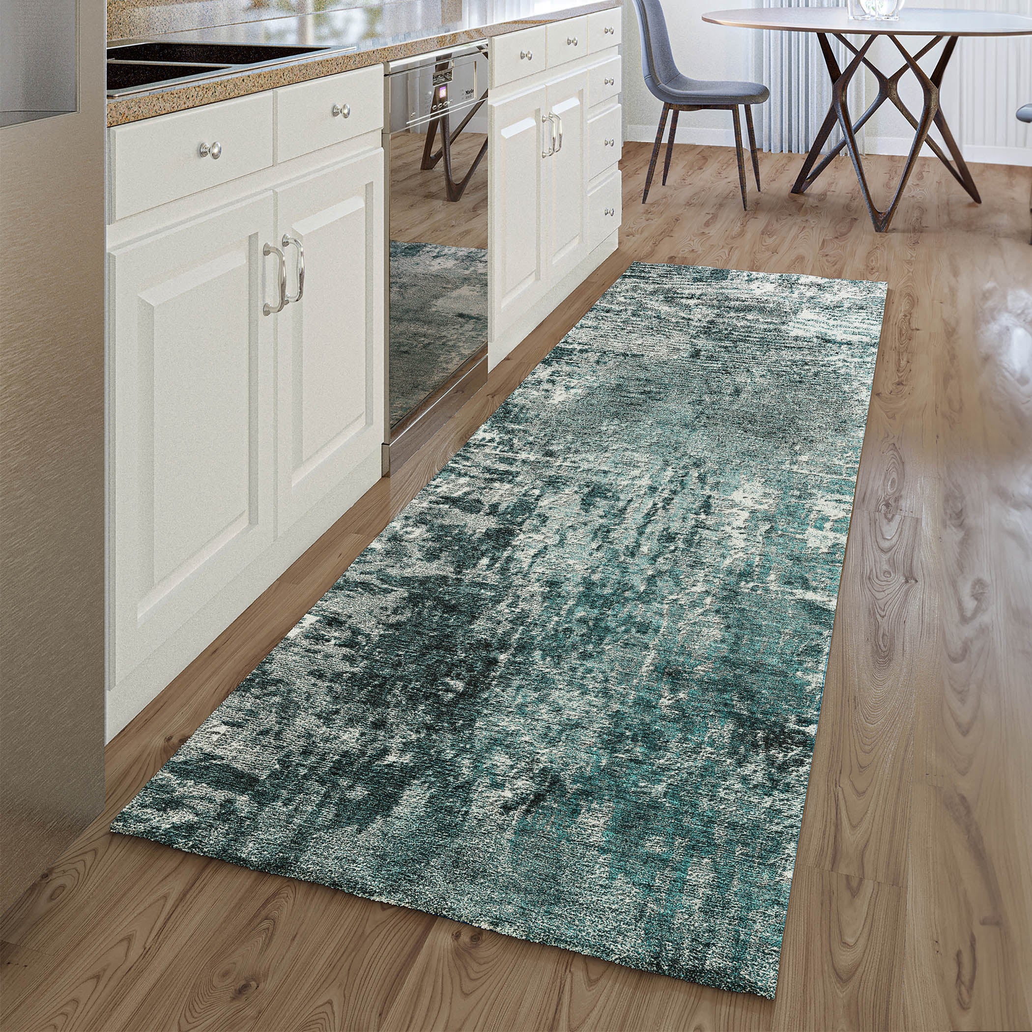 Queenstown Machine Washable Transitional Teal Rug 2'3" x 7'6" #shape_Runner