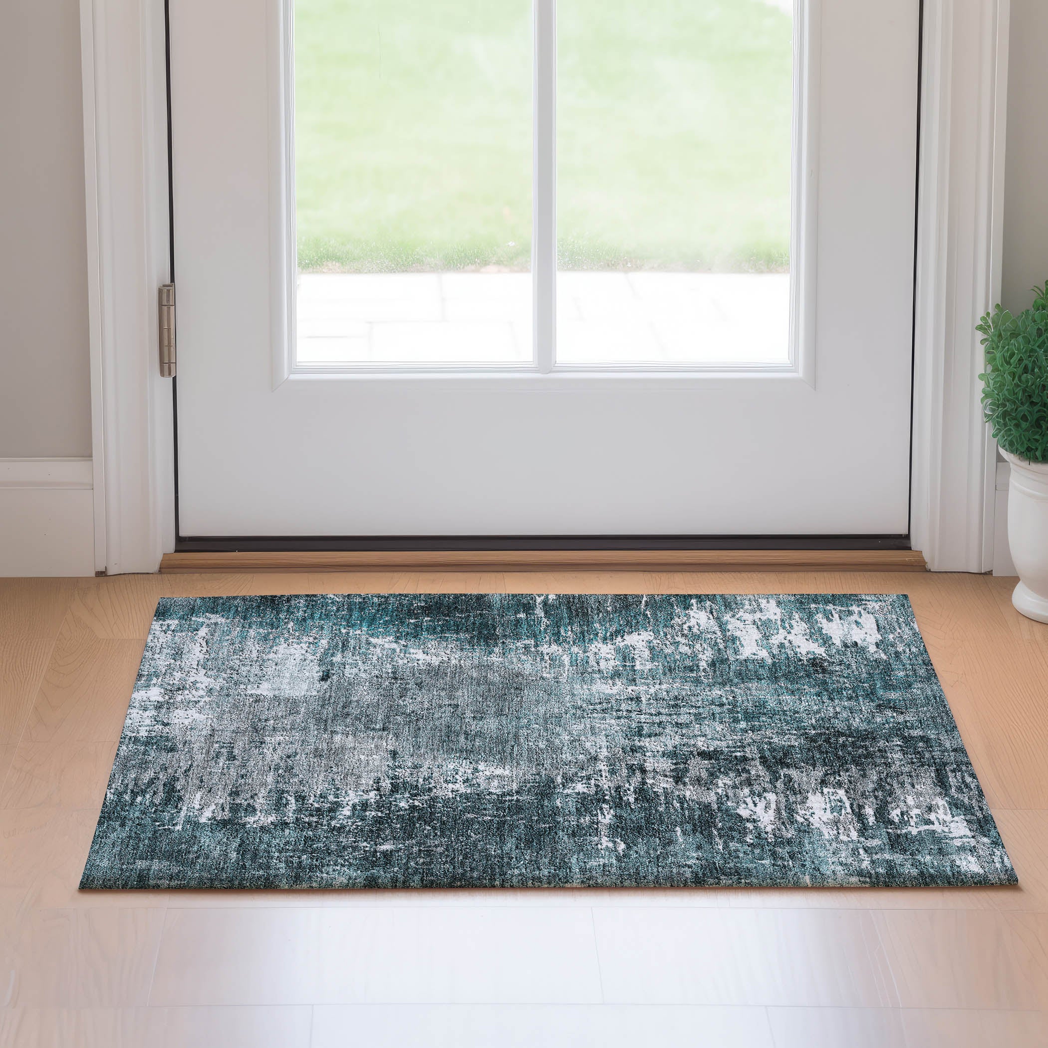 Queenstown Machine Washable Transitional Teal Rug 1'8" x 2'6" #shape_Rectangle