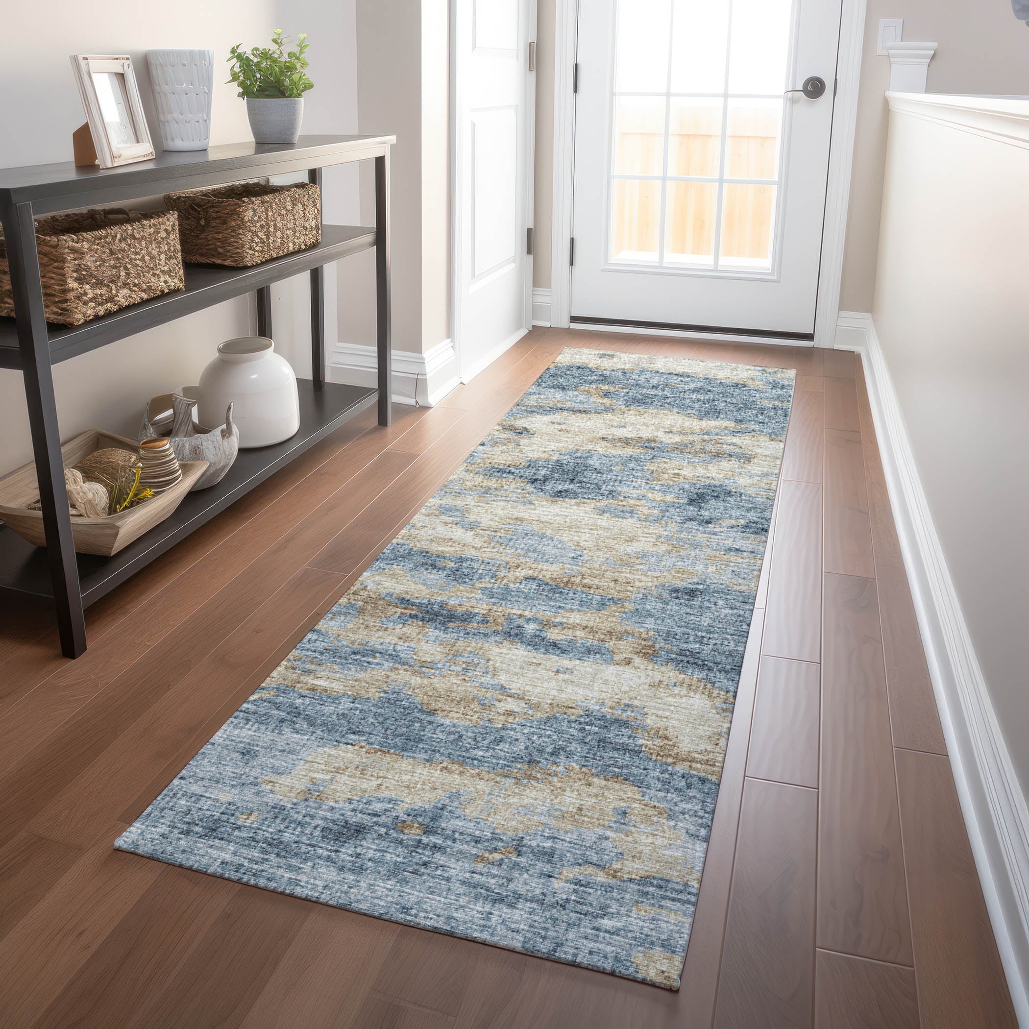 Florence Machine Washable Transitional Blue Rug 2'3" x 7'6" #shape_Runner