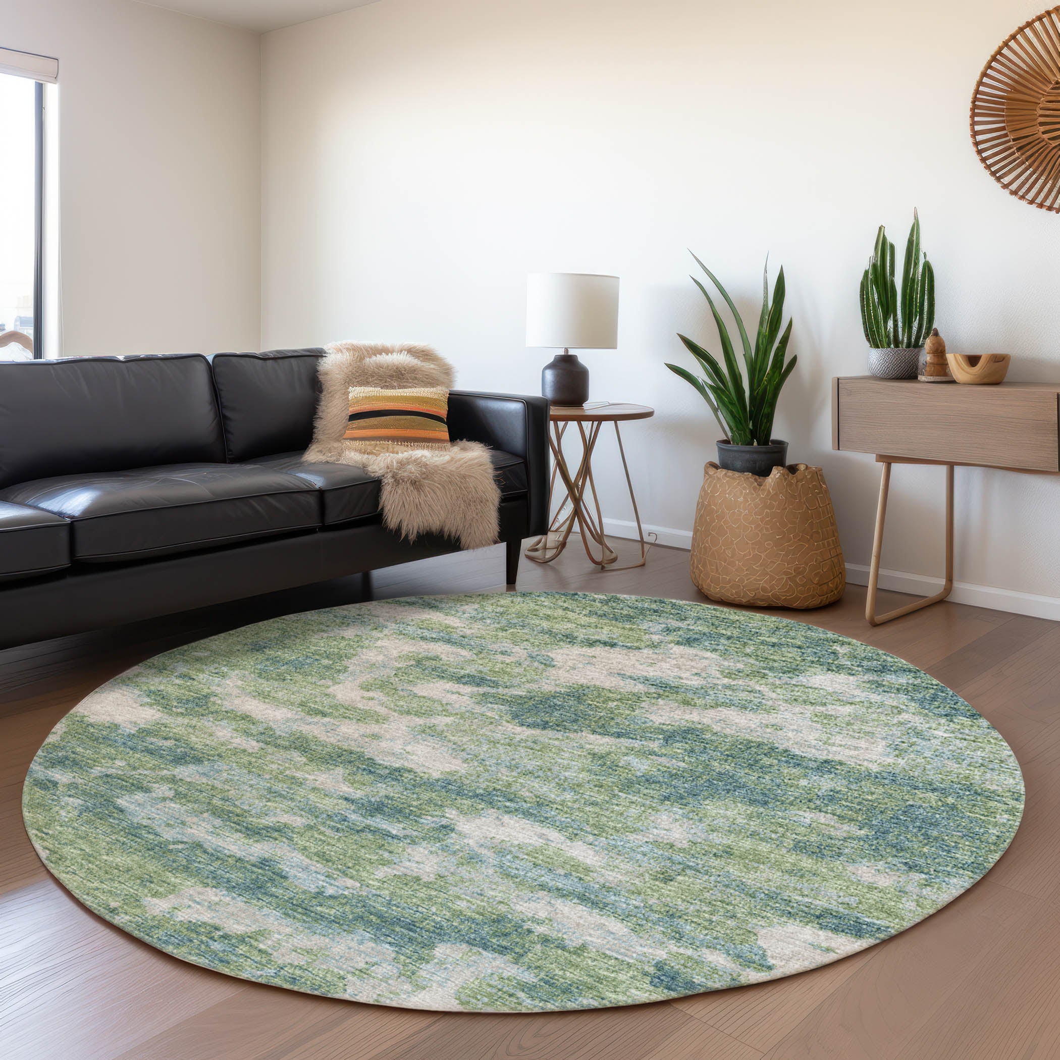 Florence Machine Washable Transitional Green Rug 8' x 8' #shape_Round