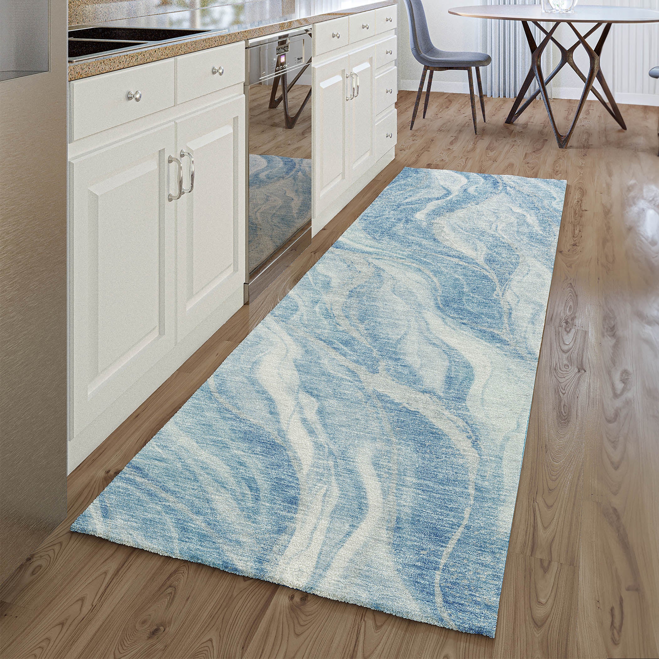 Dublin Machine Washable Transitional Blue Rug 2'3" x 7'6" #shape_Runner