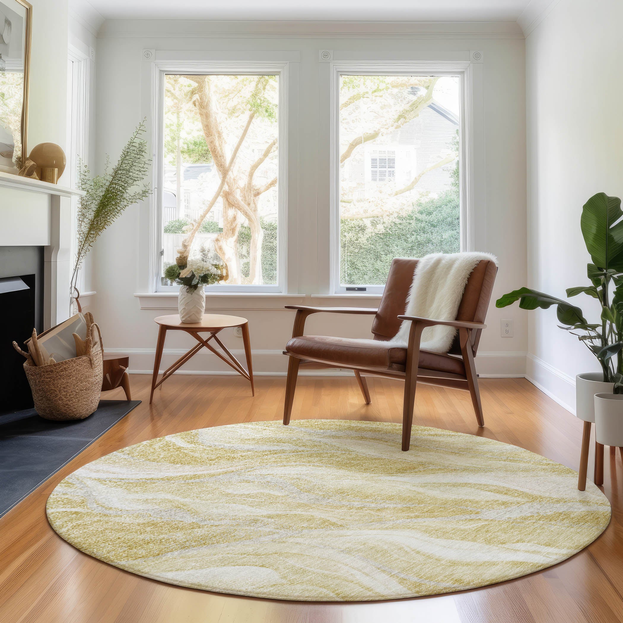 Dublin Machine Washable Transitional Gold Rug 8' x 8' #shape_Round