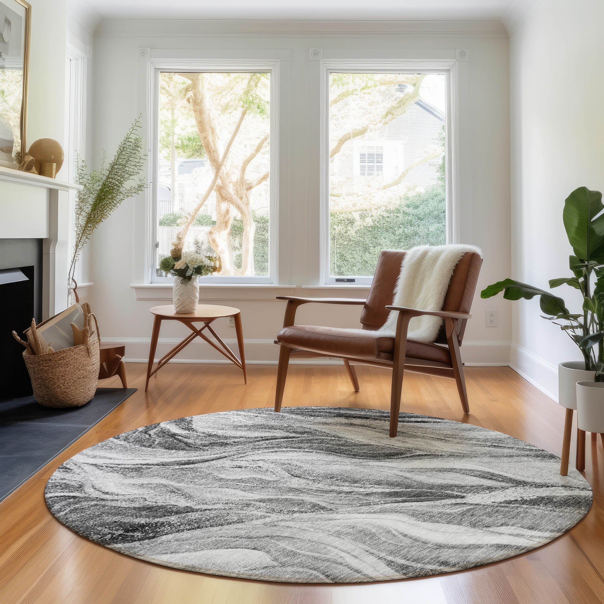 Dublin Machine Washable Transitional Gray Rug 8' x 8' #shape_Round