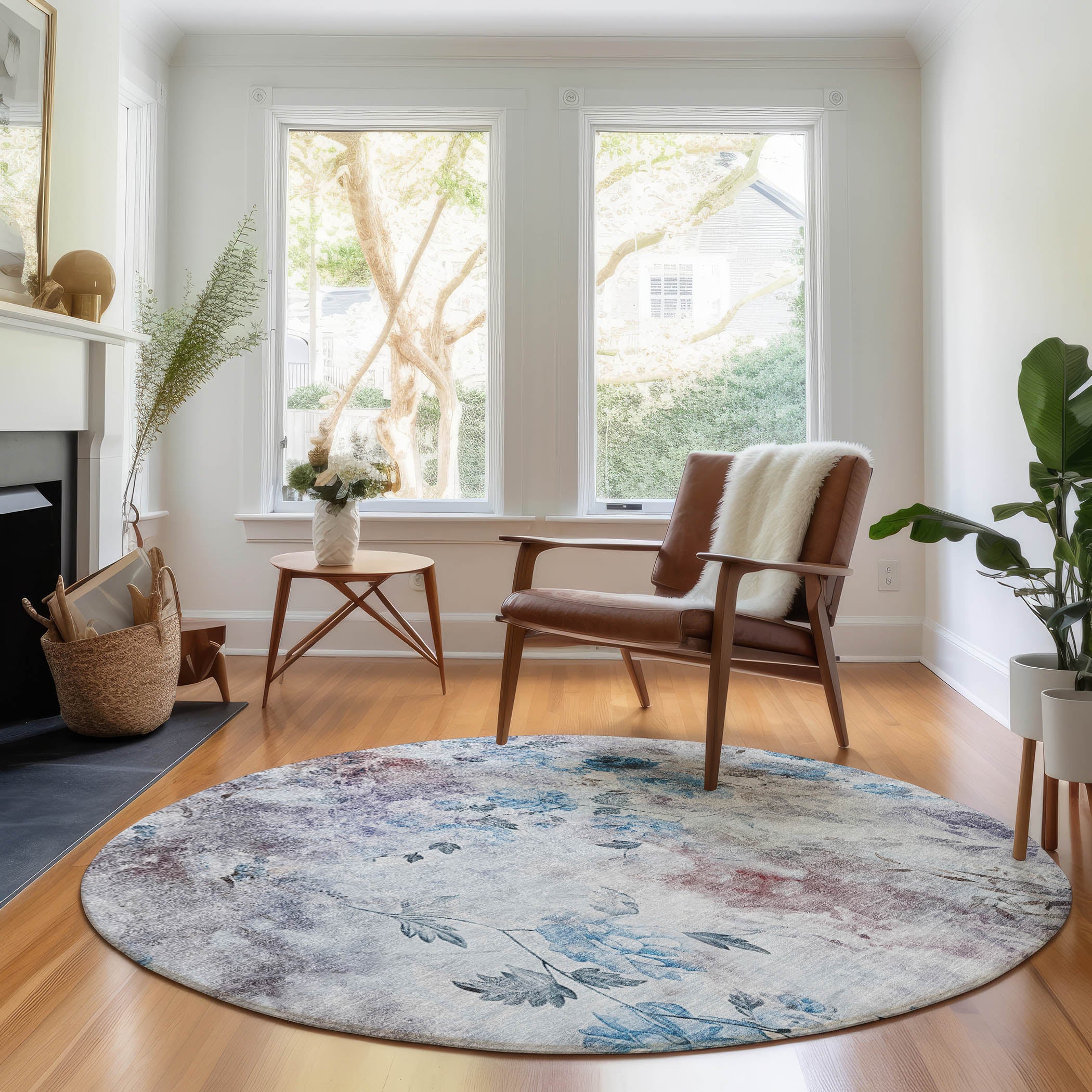 Chiang Mai Machine Washable Transitional Blue Rug 8' x 8' #shape_Round