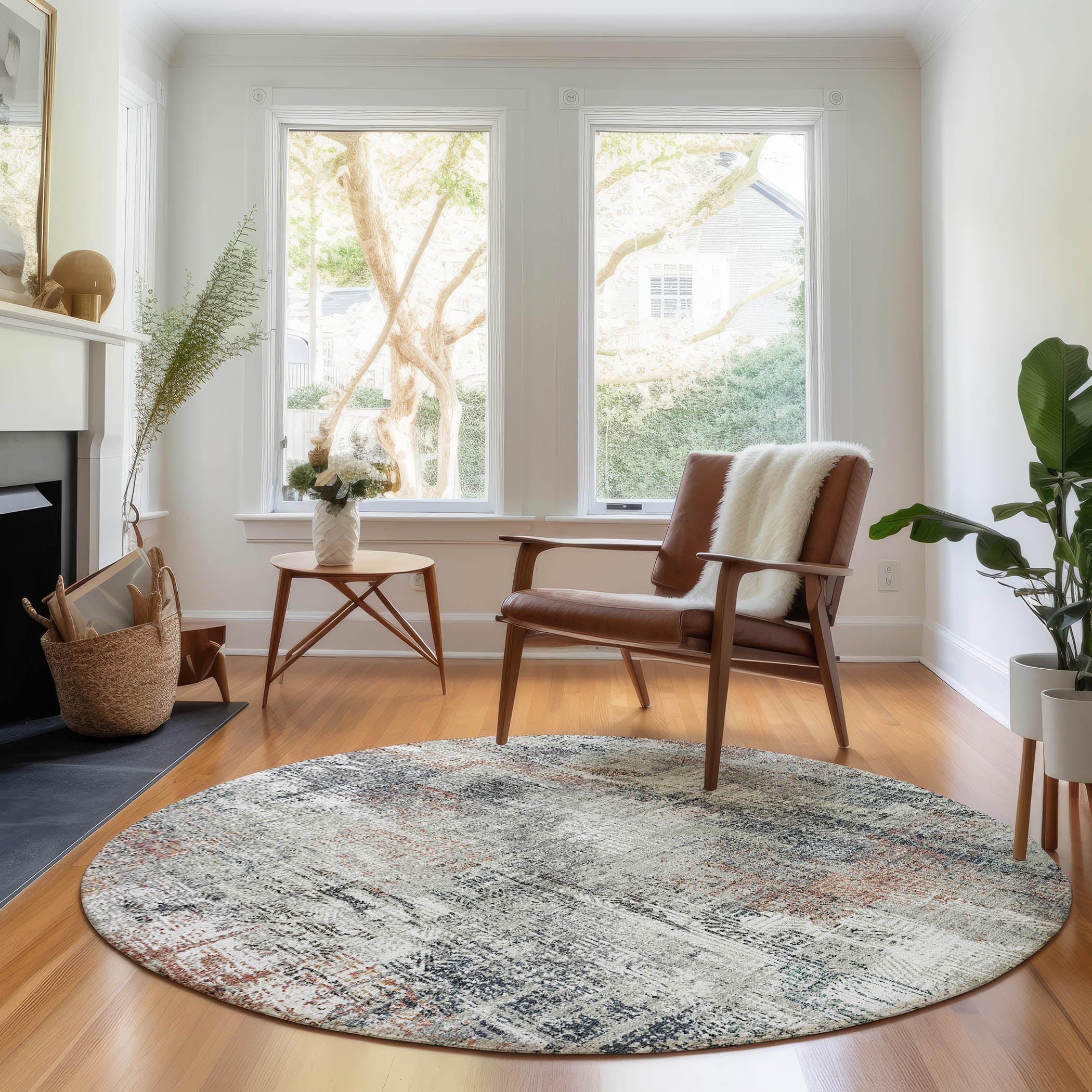 Sarajevo Machine Washable Transitional Taupe Brown Rug 8' x 8' #shape_Round