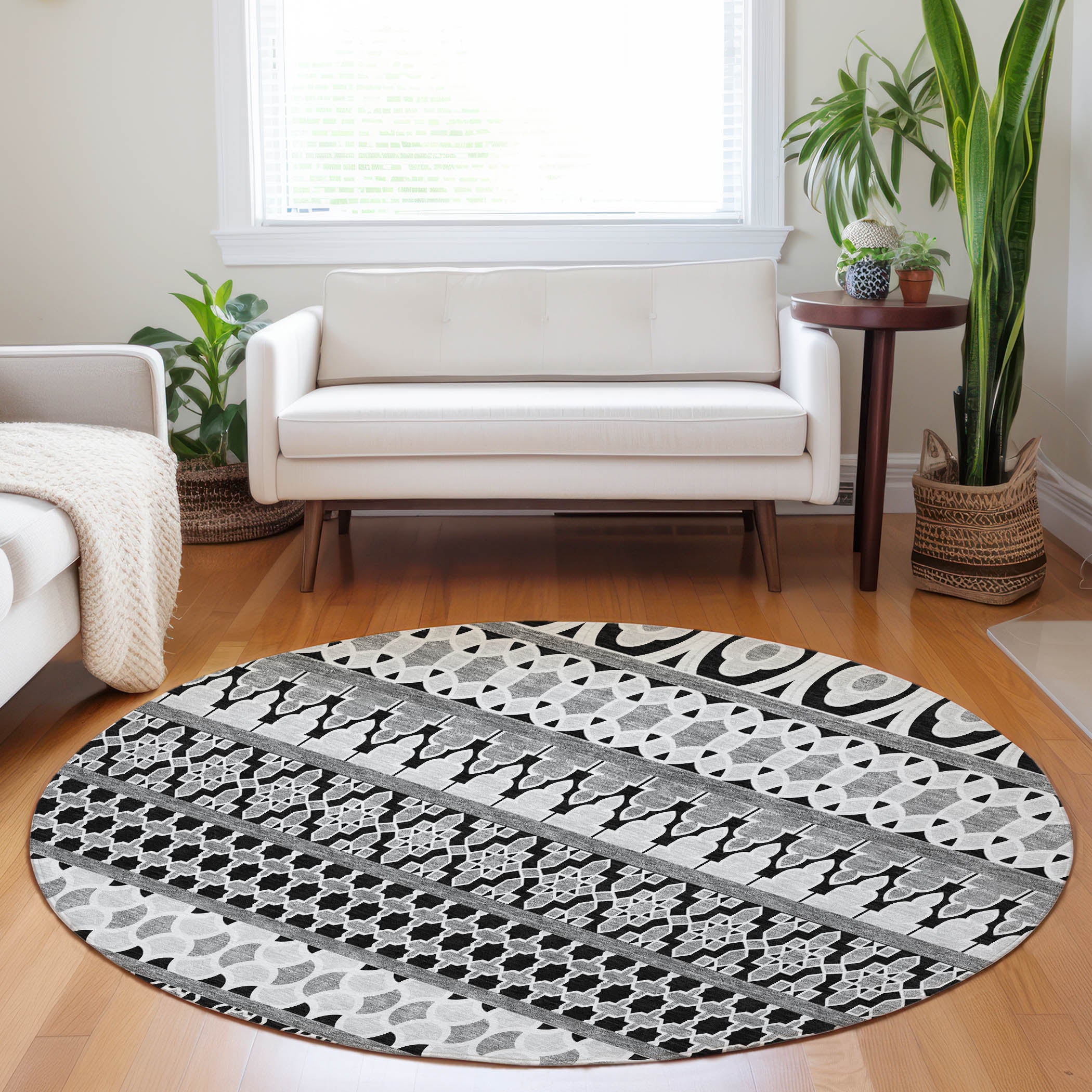 Sarajevo Machine Washable Transitional Black Rug 8' x 8' #shape_Round