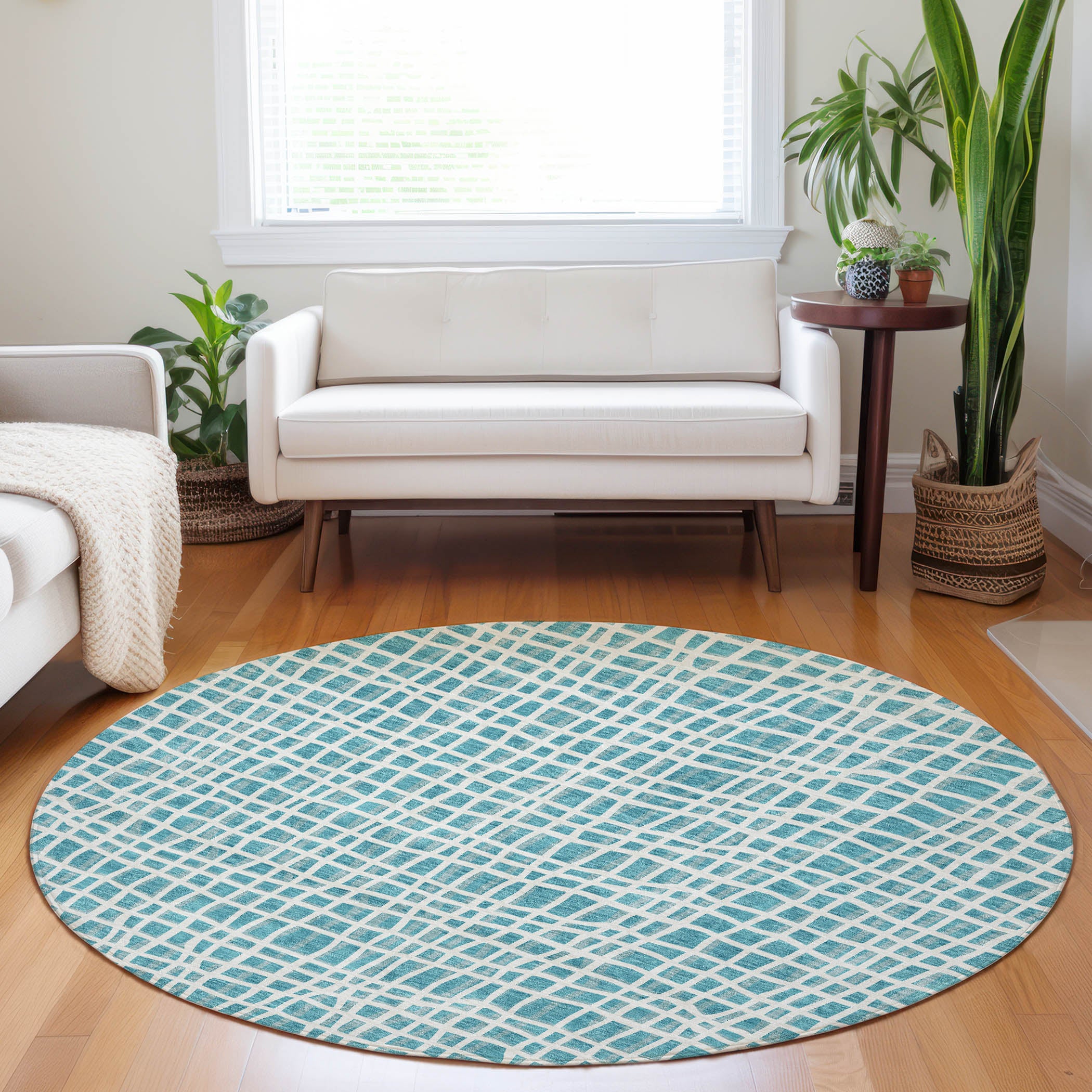 Mostar Machine Washable Transitional Teal Rug 8' x 8' #shape_Round