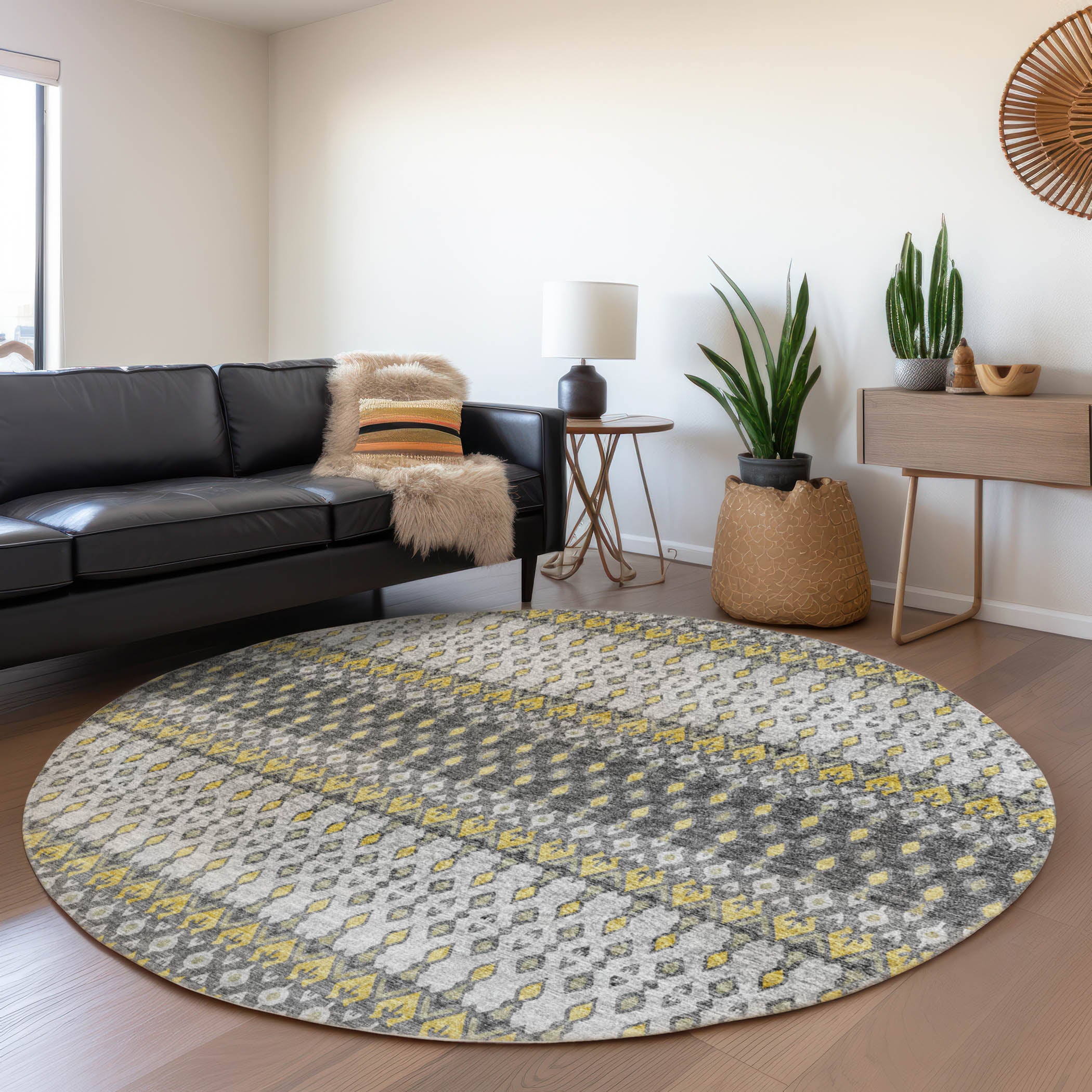 Salzburg Machine Washable Transitional Gray Yellow Rug 8' x 8' #shape_Round