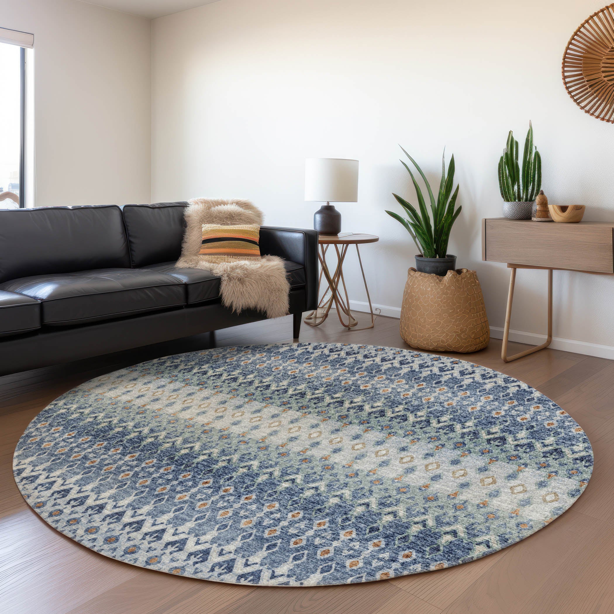 Salzburg Machine Washable Transitional Seaglass Blue Rug 8' x 8' #shape_Round