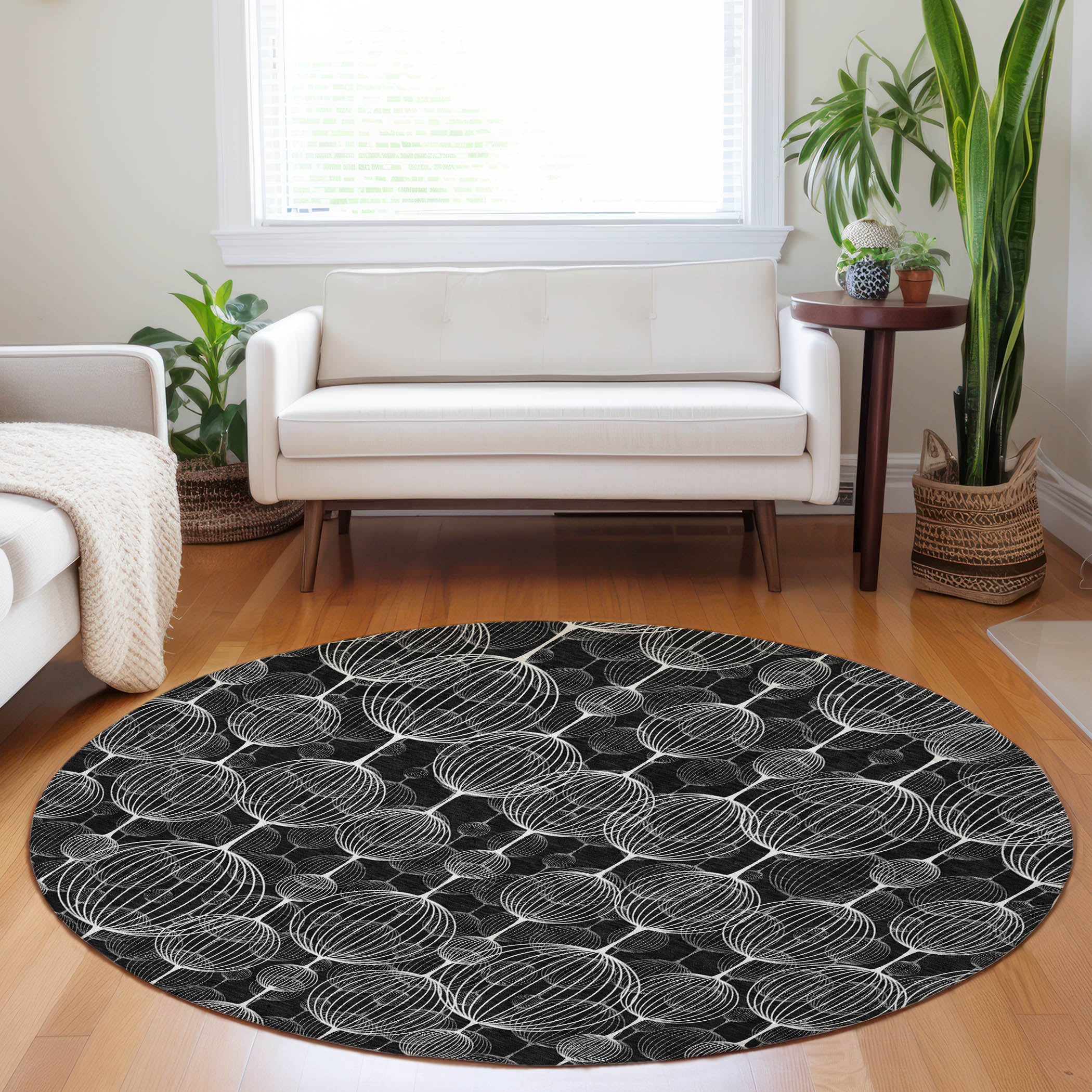 Dublin Machine Washable Transitional Black Rug 8' x 8' #shape_Round