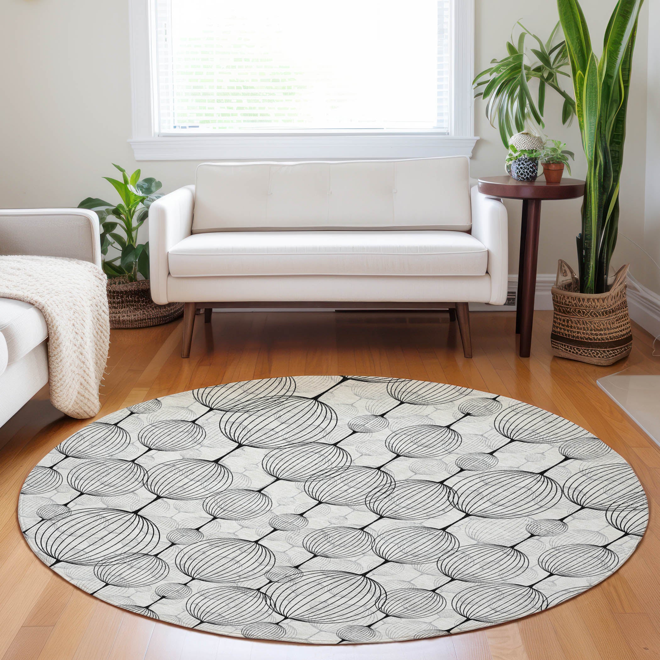 Dublin Machine Washable Transitional White Ivory Rug 8' x 8' #shape_Round