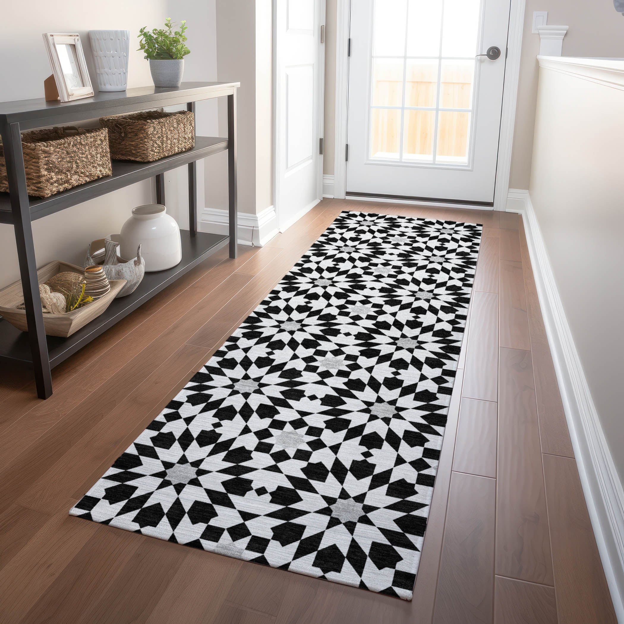 Queenstown Machine Washable Transitional Black Rug 2'3" x 7'6" #shape_Runner