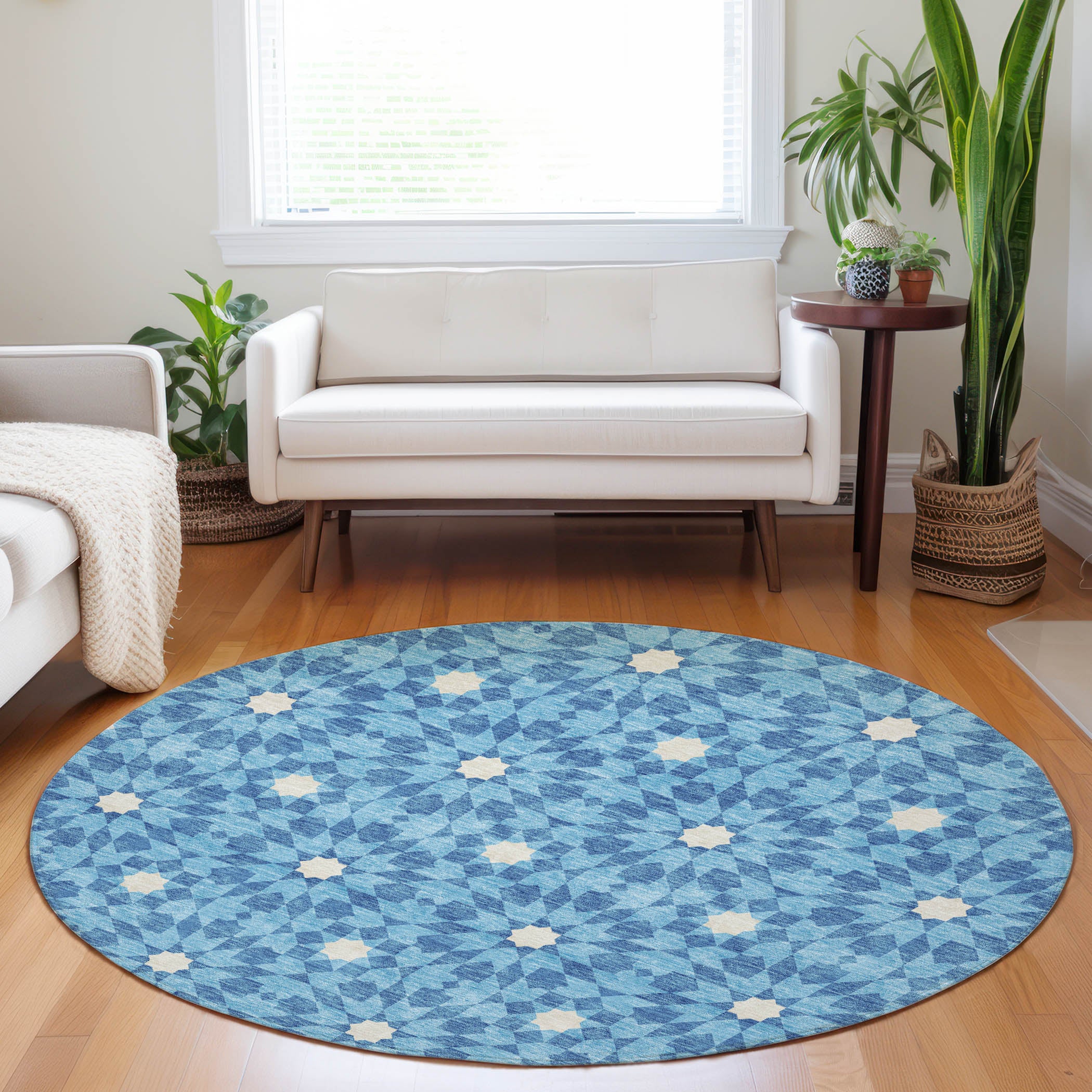 Queenstown Machine Washable Transitional Denim Blue Rug 8' x 8' #shape_Round
