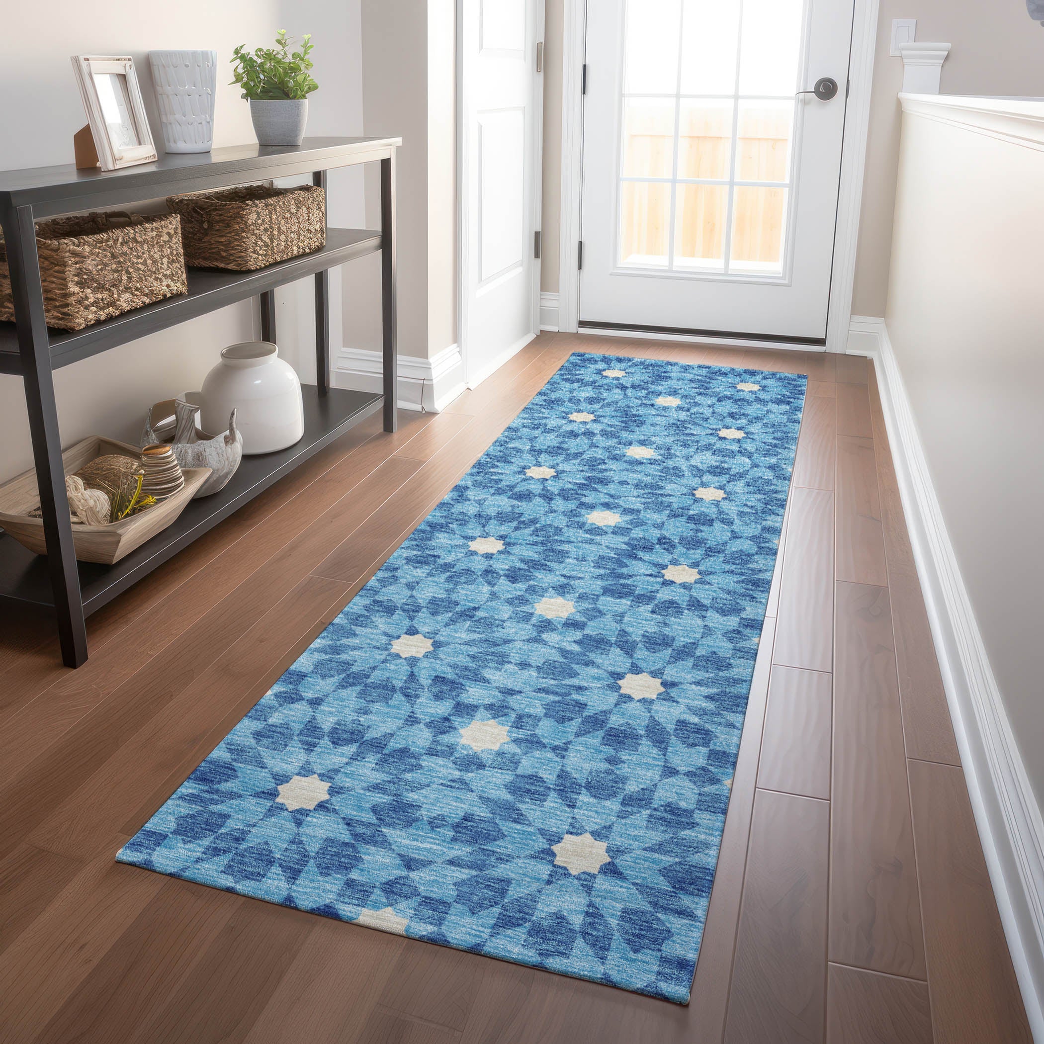 Queenstown Machine Washable Transitional Denim Blue Rug 2'3" x 7'6" #shape_Runner