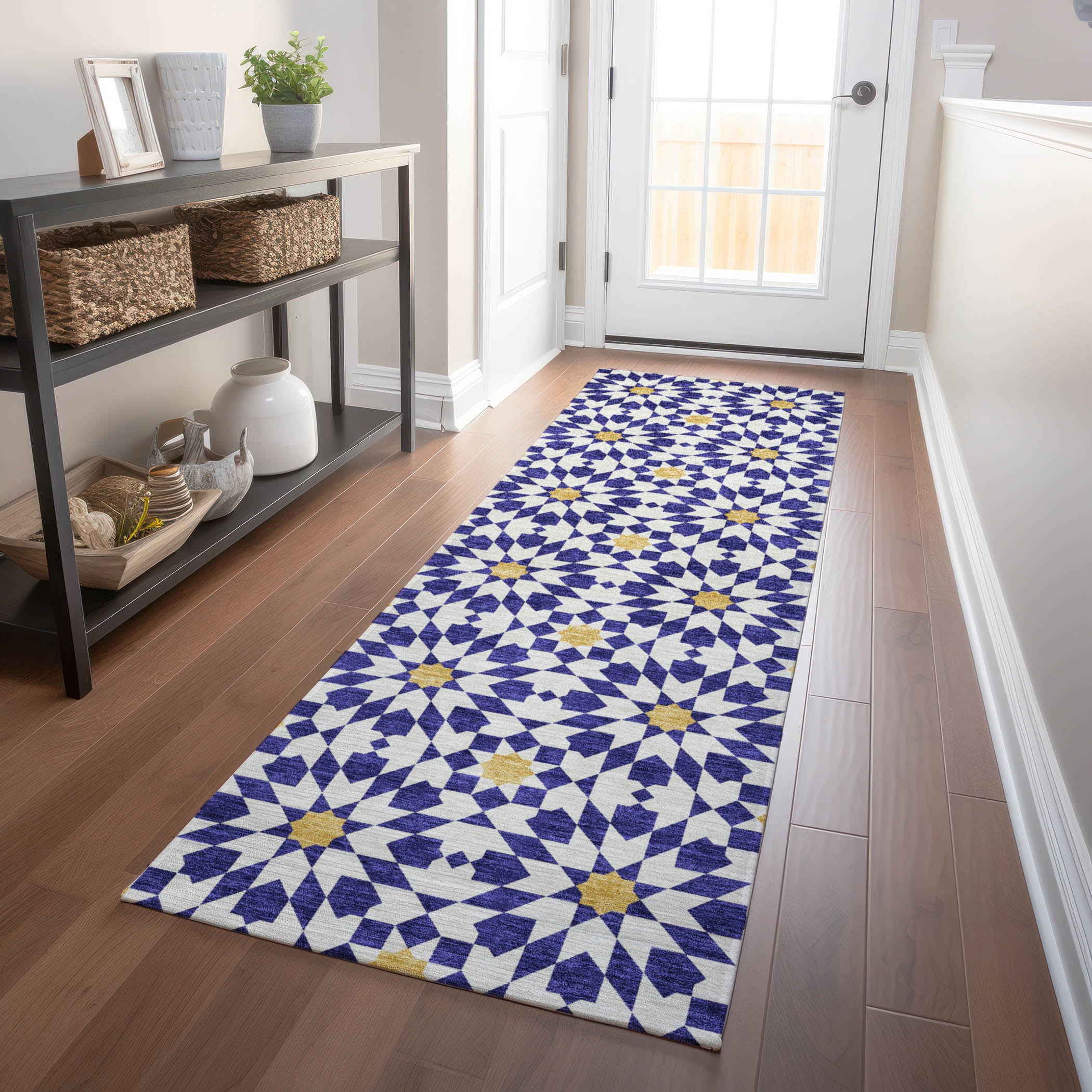 Queenstown Machine Washable Transitional Navy Blue Rug 2'3" x 7'6" #shape_Runner