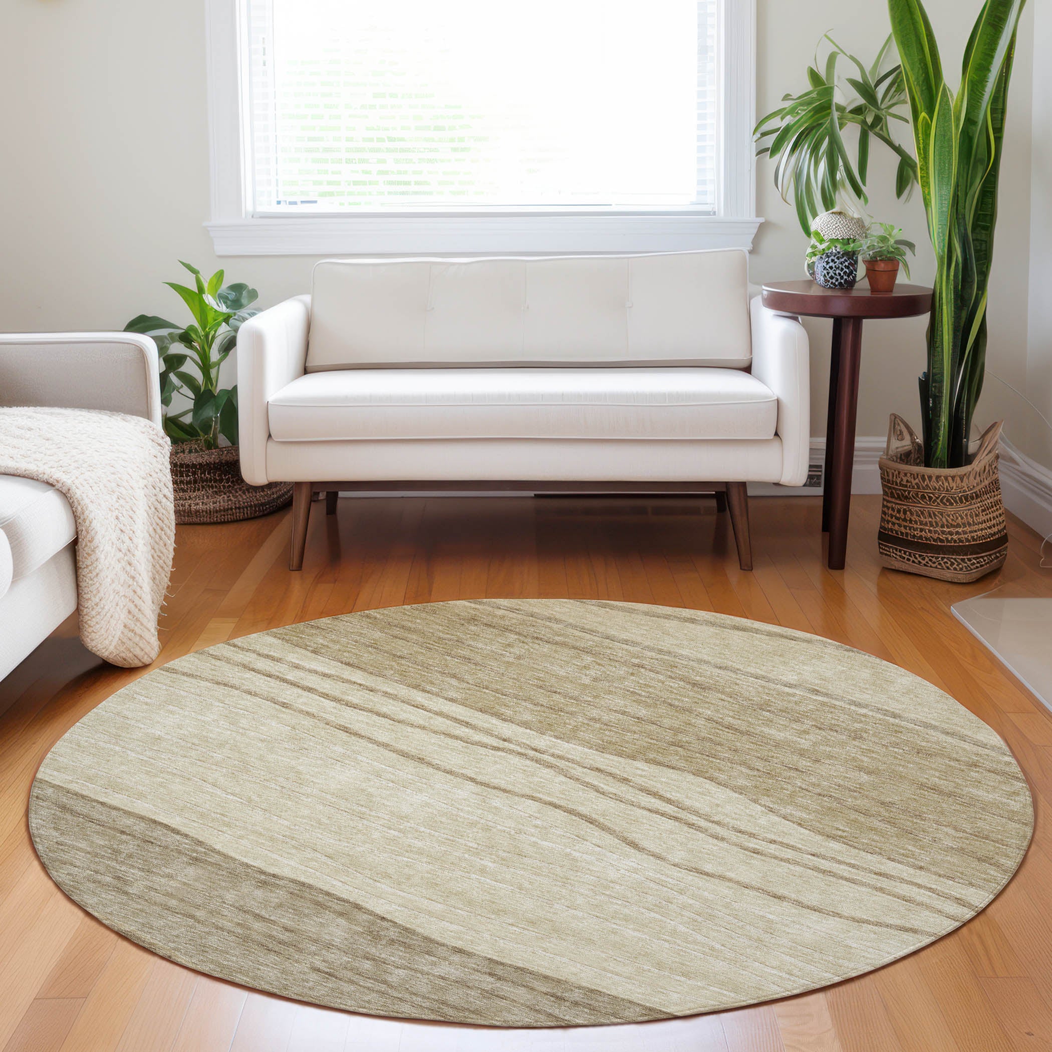 Seoul Machine Washable Transitional Beige Brown Rug 8' x 8' #shape_Round