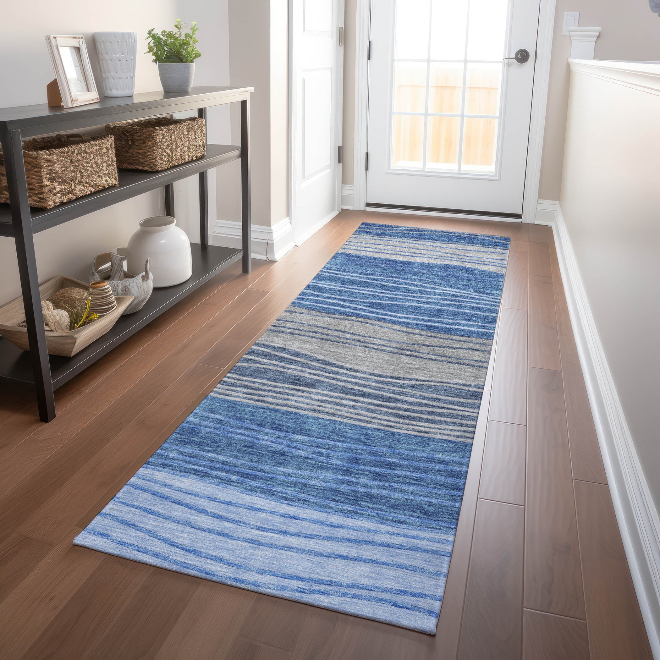 Seoul Machine Washable Transitional Blue Rug 2'3" x 7'6" #shape_Runner