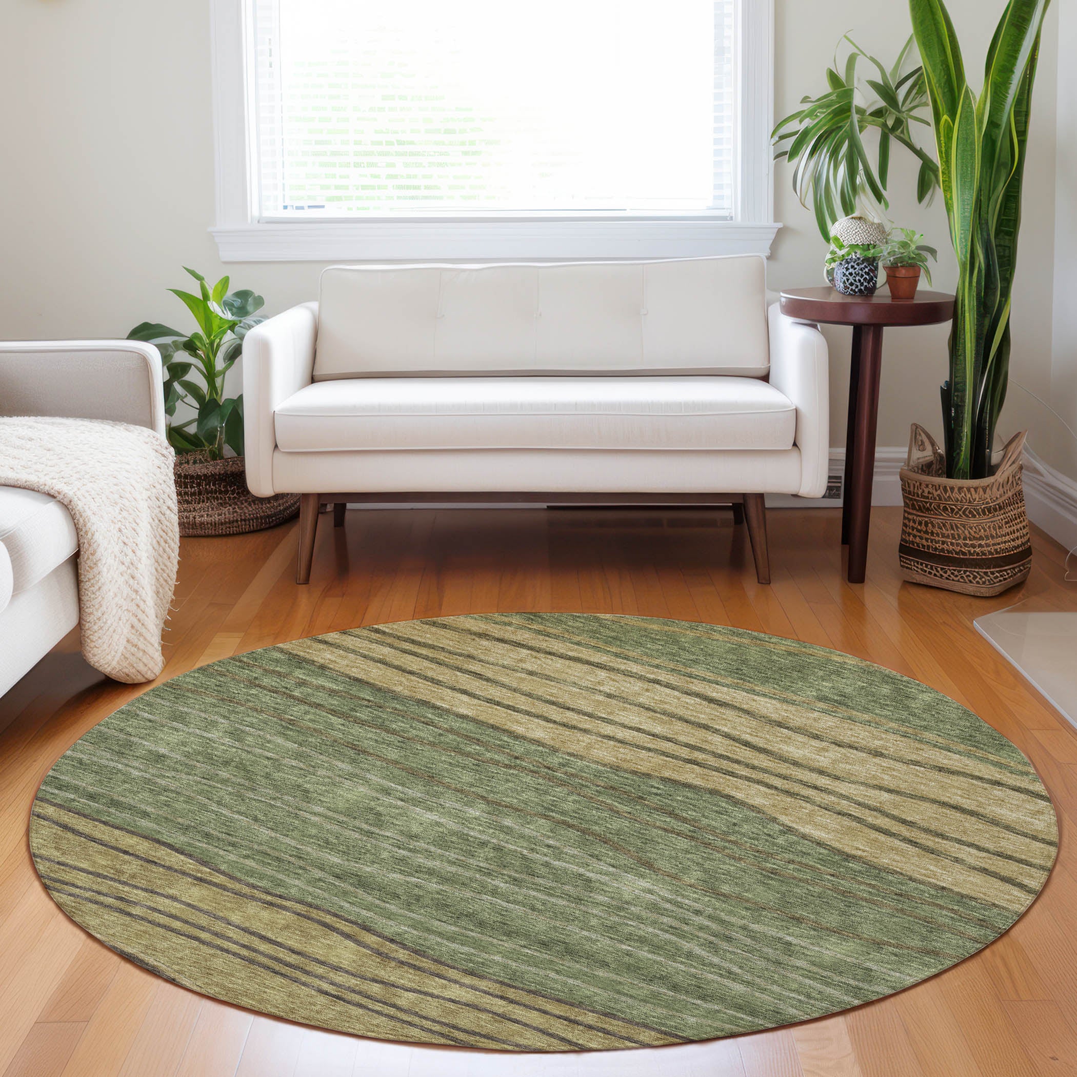 Seoul Machine Washable Transitional Olive Green Rug 8' x 8' #shape_Round