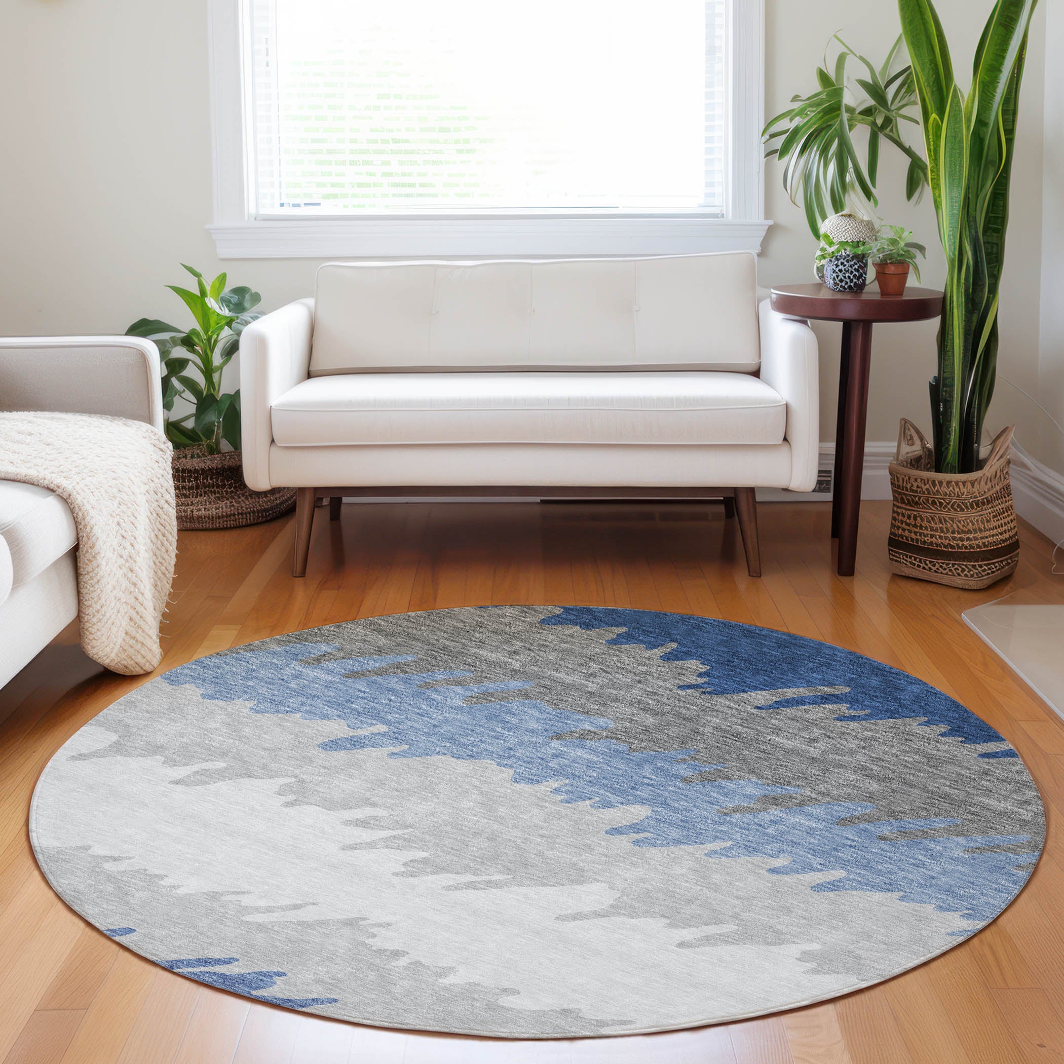 Tallinn Machine Washable Transitional Navy Blue Rug 8' x 8' #shape_Round