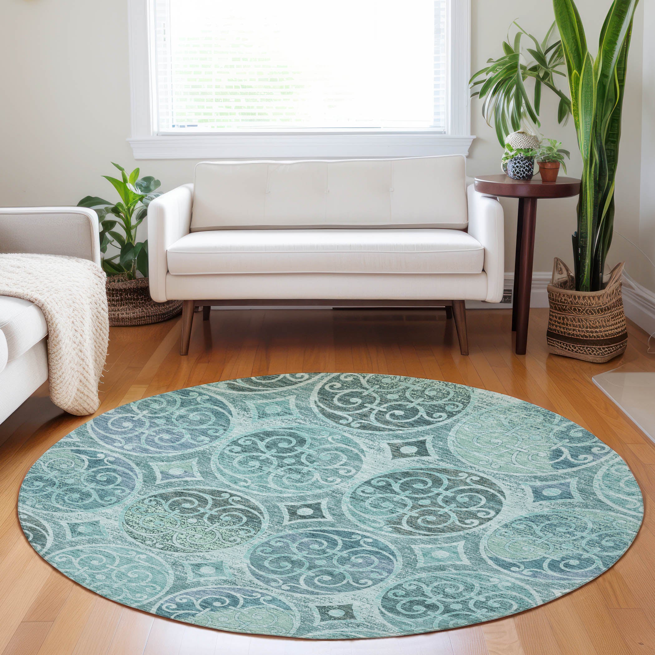 Marrakech Machine Washable Transitional Teal Rug 8' x 8' #shape_Round
