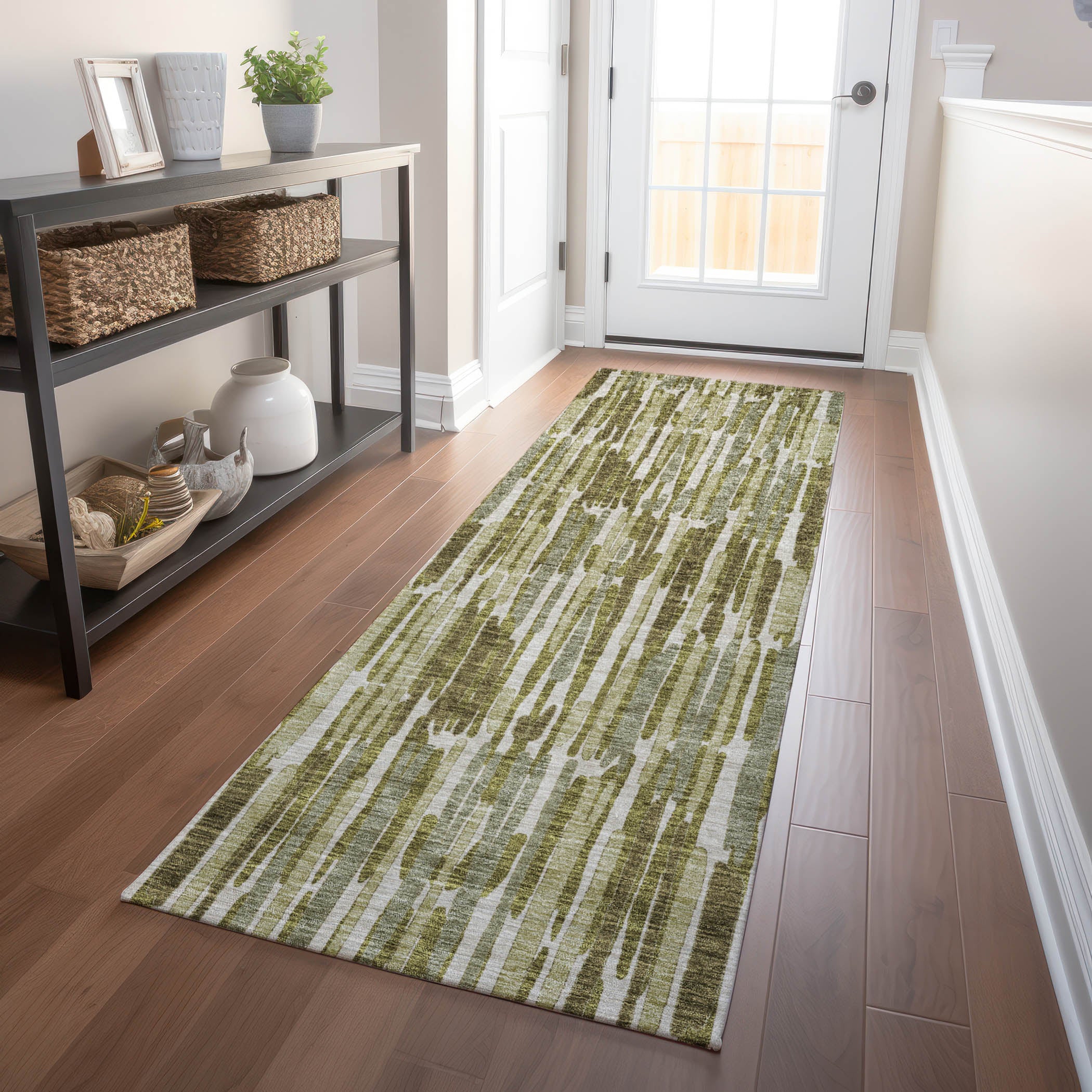 Cartagena Machine Washable Transitional Olive Green Rug 2'3" x 7'6" #shape_Runner