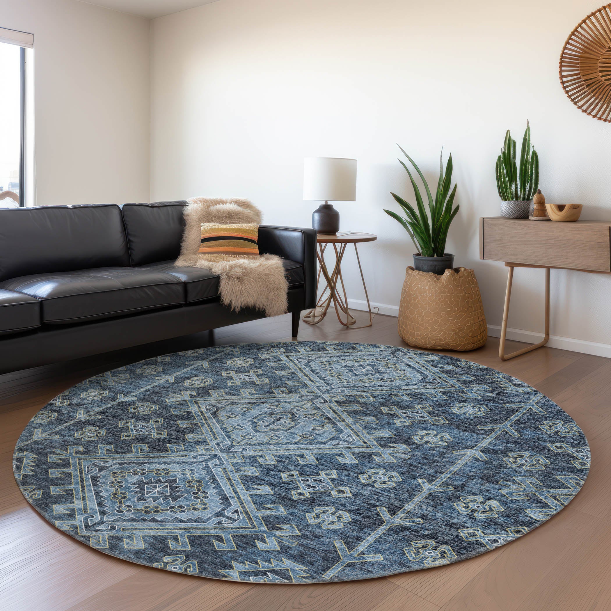 Zanzibar Machine Washable Transitional Blue Rug 8' x 8' #shape_Round