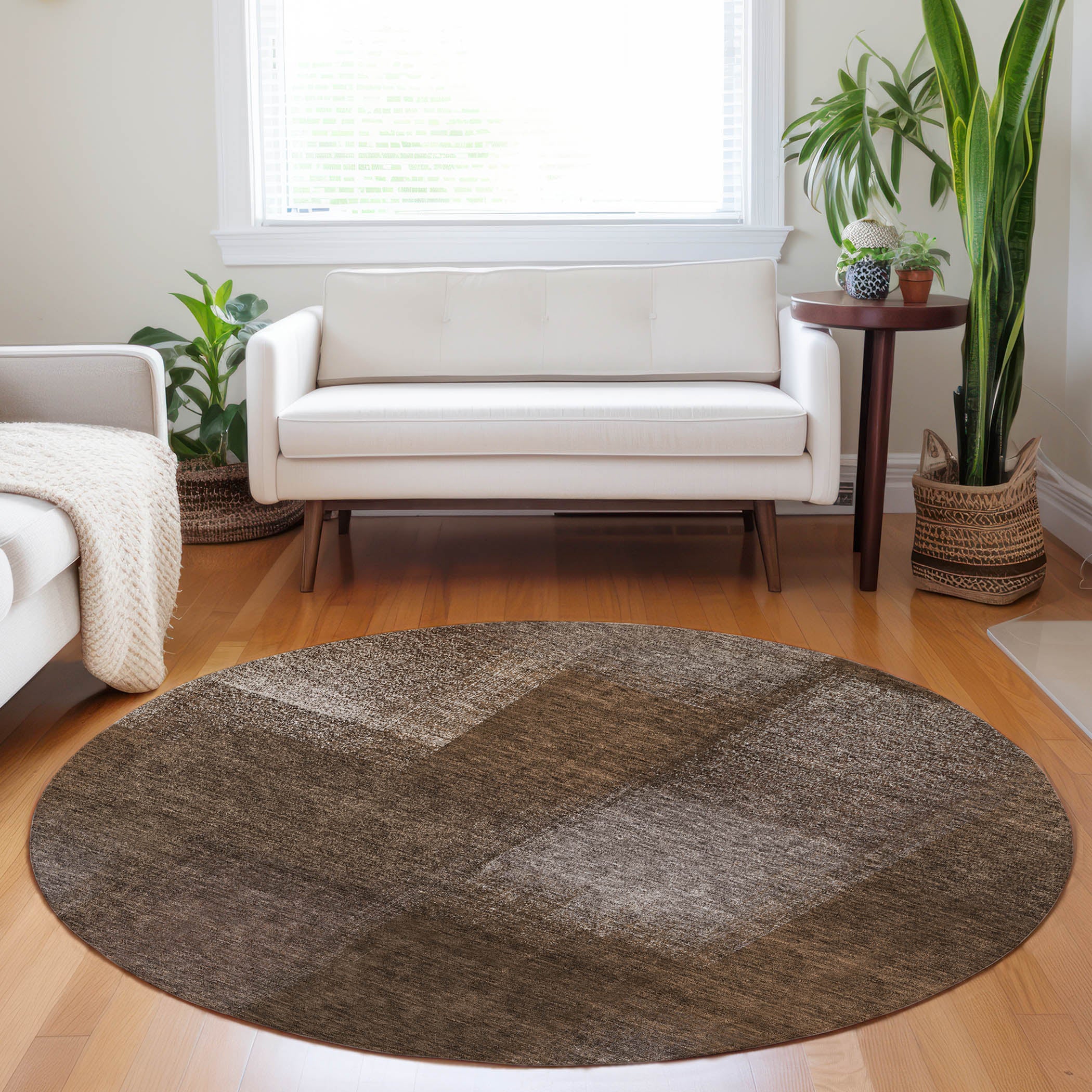 Lisbon Machine Washable Transitional Chocolate Brown Rug 8' x 8' #shape_Round