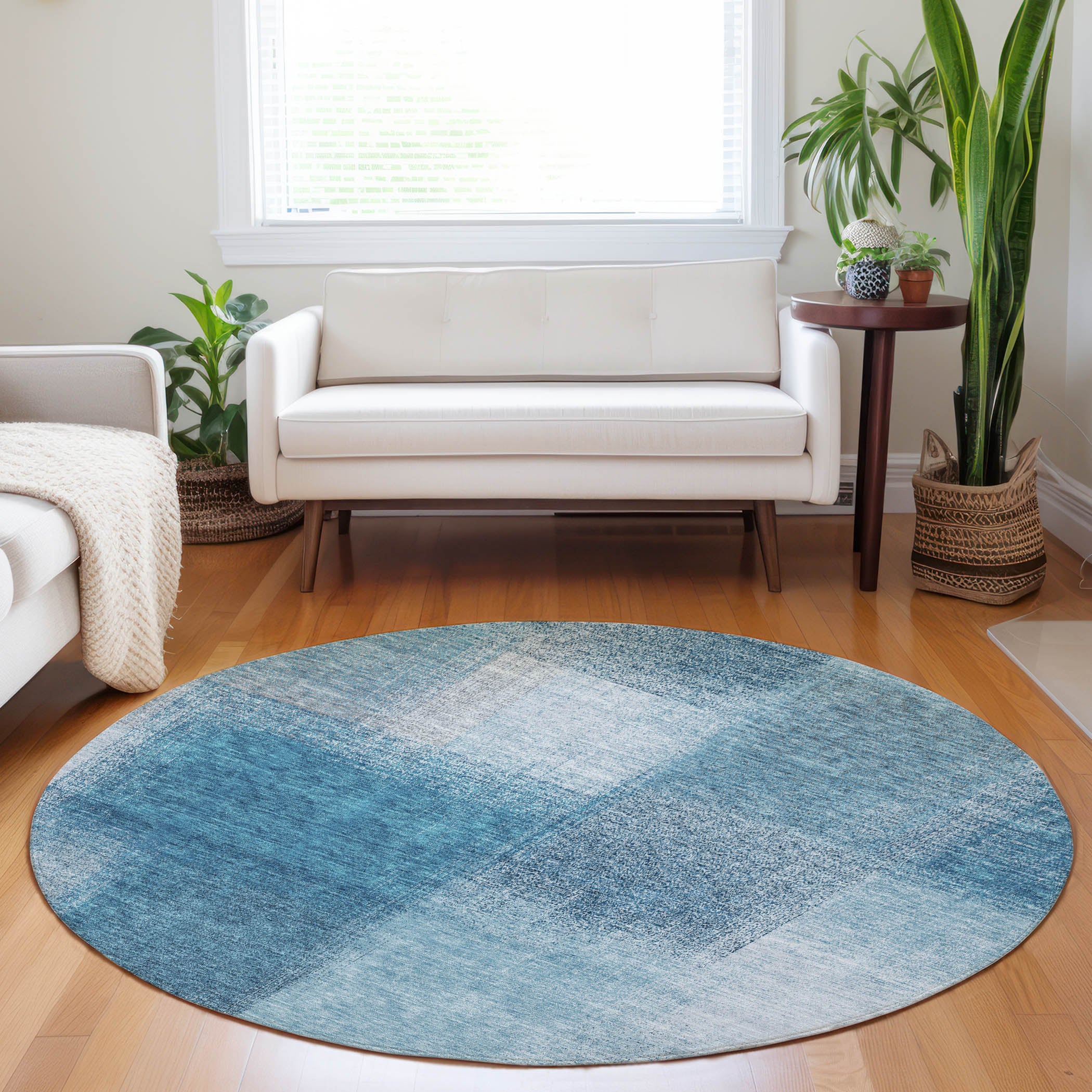 Lisbon Machine Washable Transitional Denim Blue Rug 8' x 8' #shape_Round