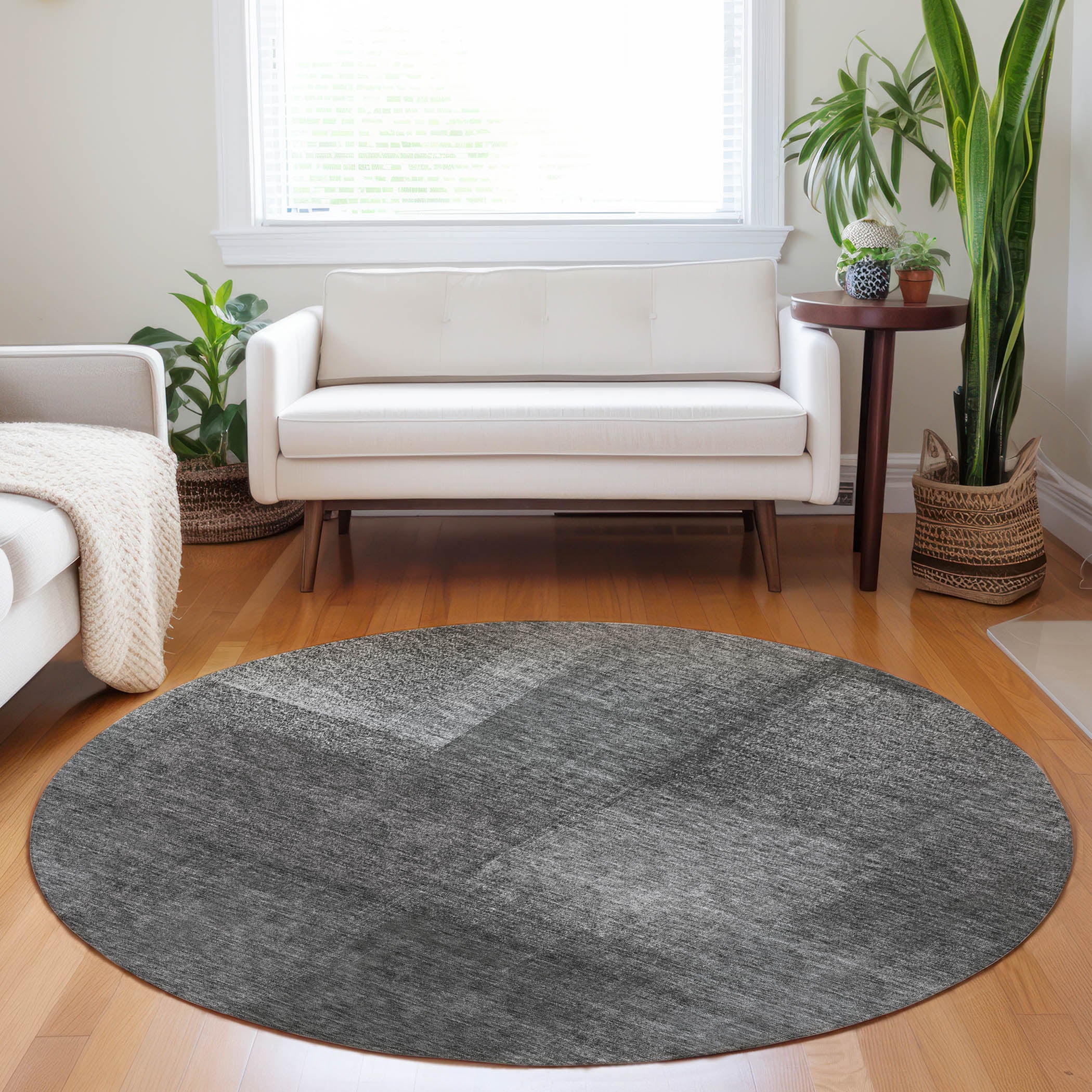Lisbon Machine Washable Transitional Gray Rug 8' x 8' #shape_Round