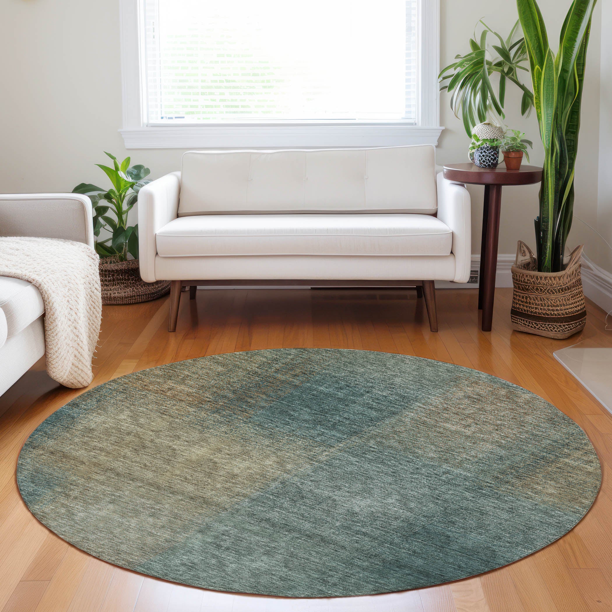 Lisbon Machine Washable Transitional Teal Rug 8' x 8' #shape_Round