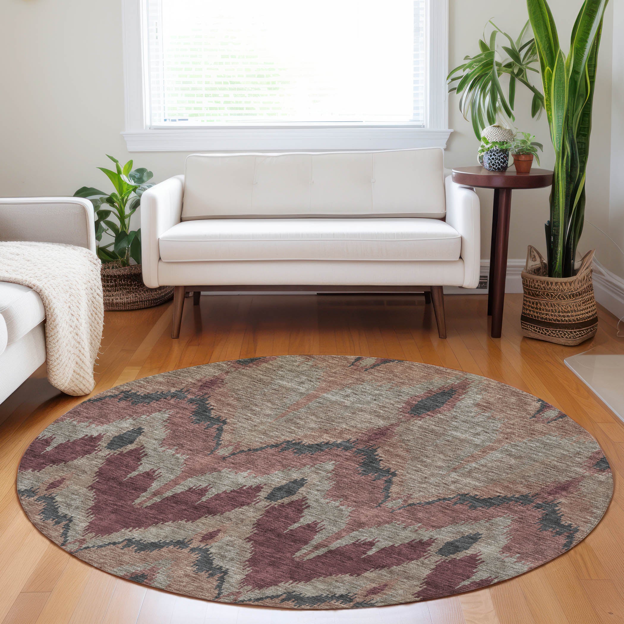 Havana Machine Washable Transitional Burgundy Red Rug 8' x 8' #shape_Round