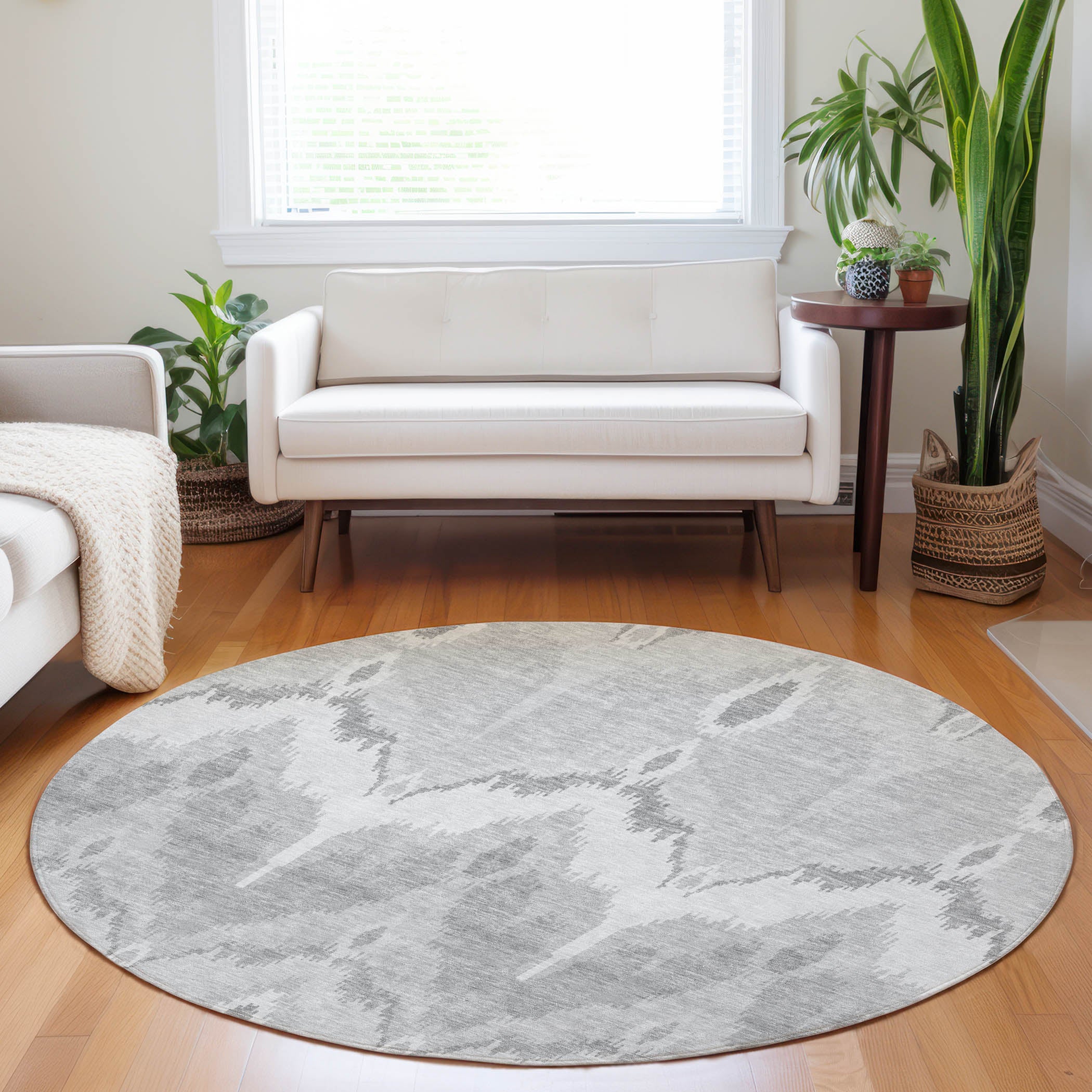 Havana Machine Washable Transitional Silver Gray Rug 8' x 8' #shape_Round