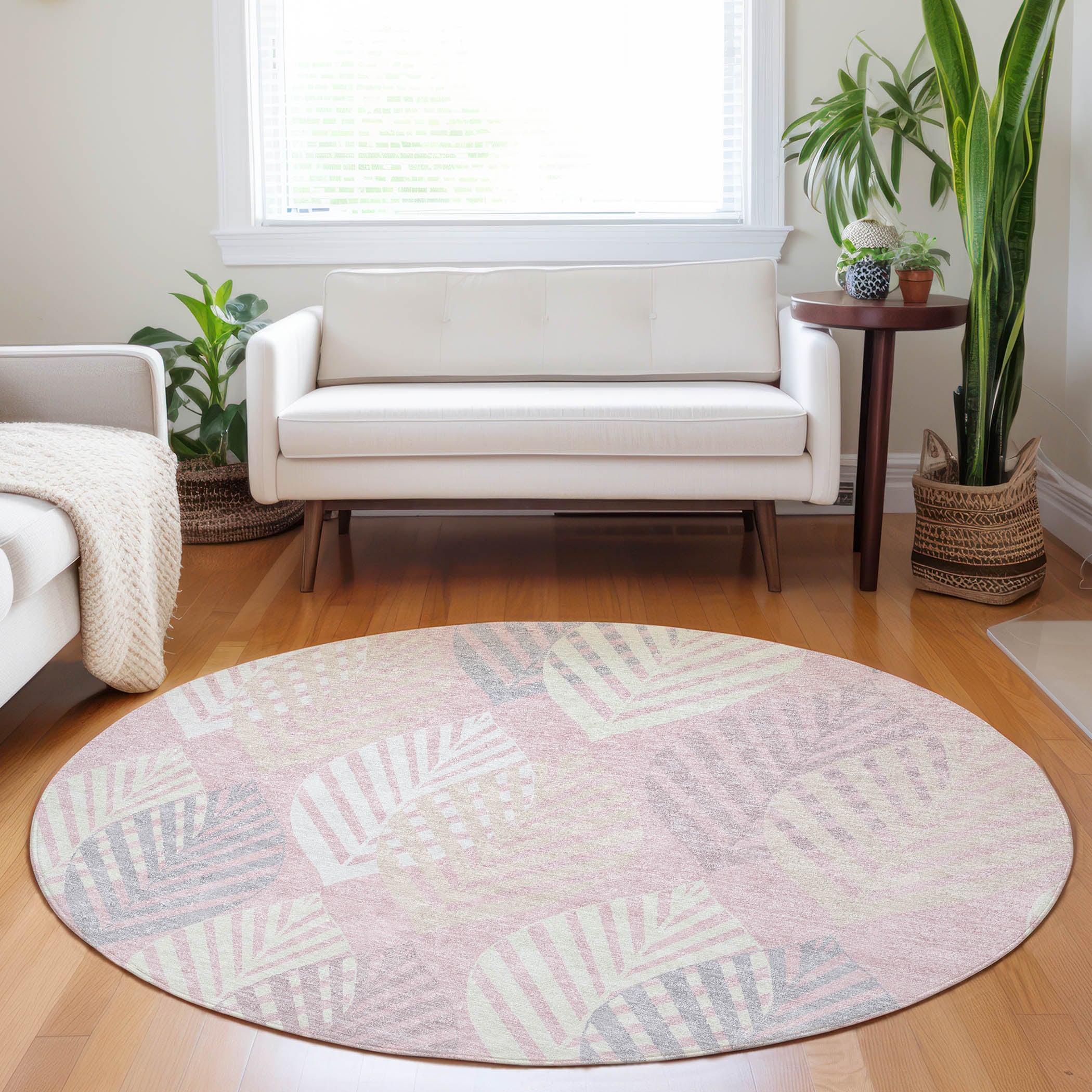Lucerne Machine Washable Transitional Pink Rug 8' x 8' #shape_Round