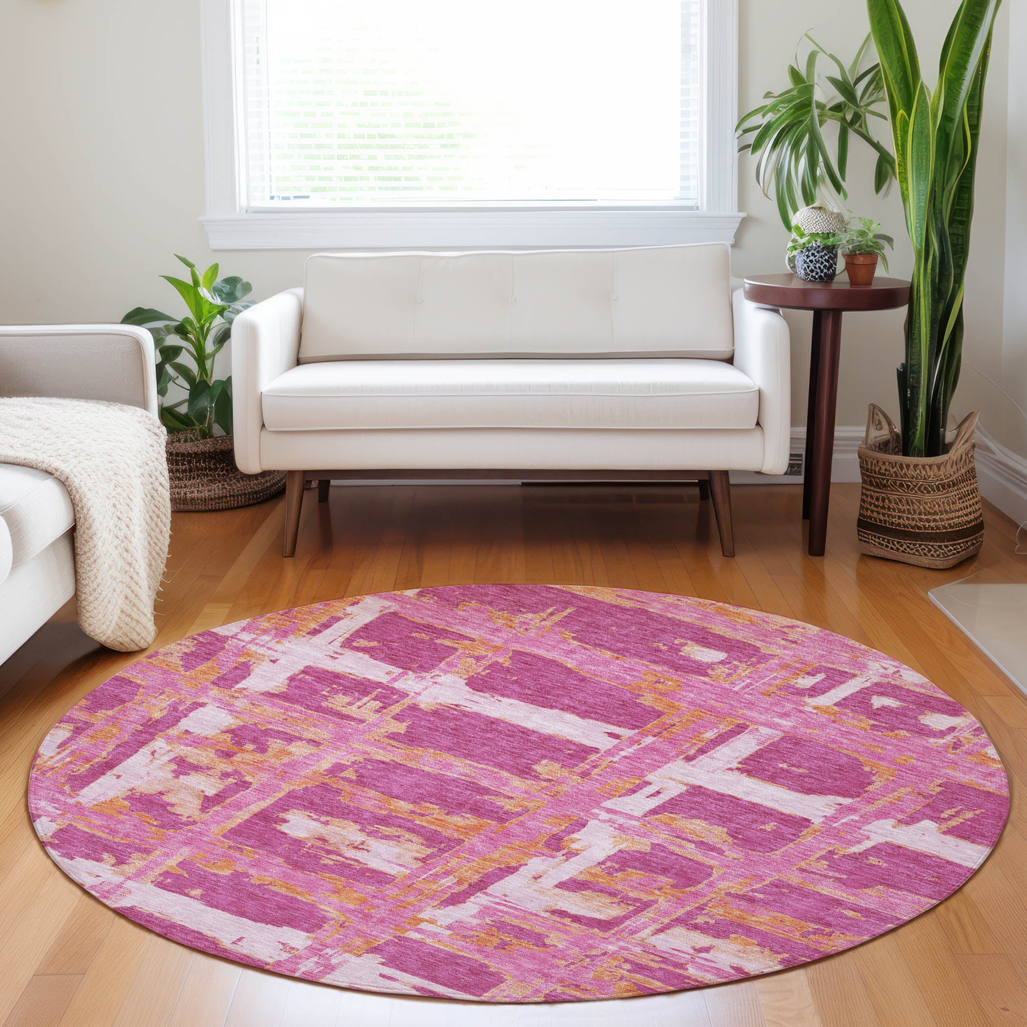 Chiang Mai Machine Washable Transitional Blush Pink Rug 8' x 8' #shape_Round