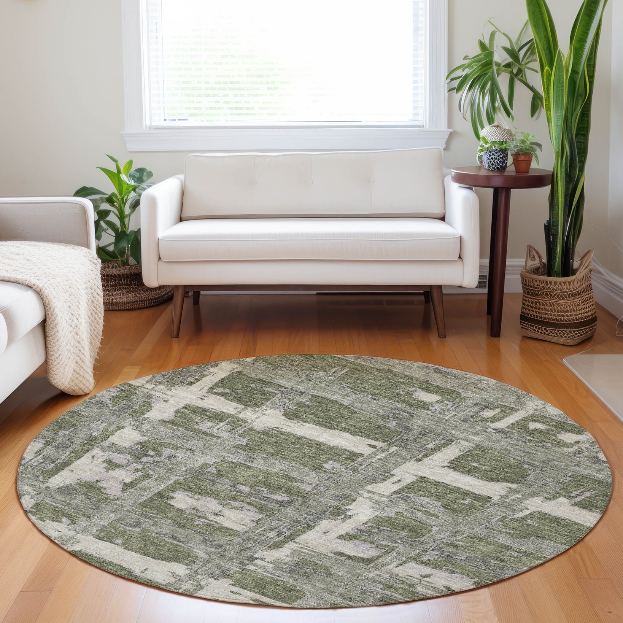 Chiang Mai Machine Washable Transitional Olive Green Rug 8' x 8' #shape_Round
