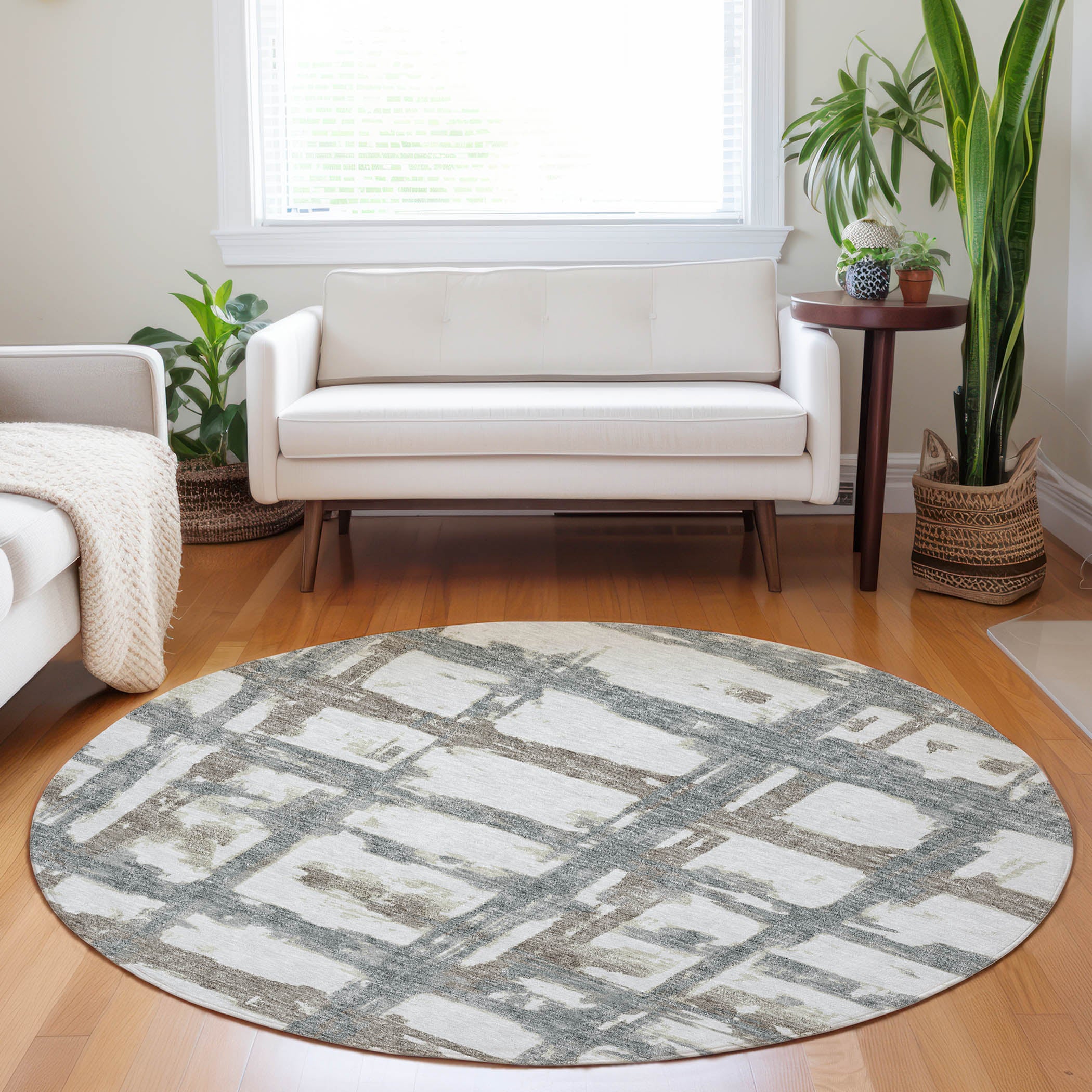 Chiang Mai Machine Washable Transitional Silver Gray Rug 8' x 8' #shape_Round